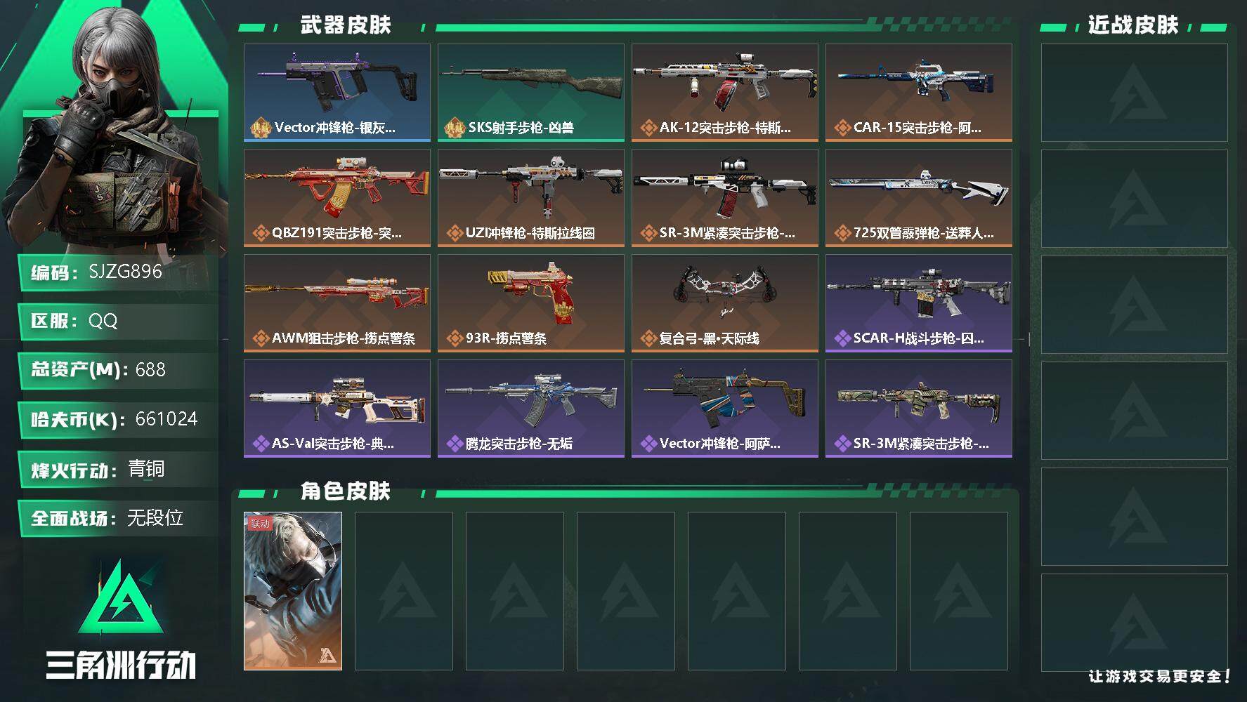 三角洲行动账号QQ【SJZG896】总资产(M)：688M/哈夫币(K)：661024K/哈夫币(K)：661024K/传说枪皮数：11/全面战场等级：1_段位：无段位/烽火地带等级：60_段位：青铜/蜂医-送葬人·