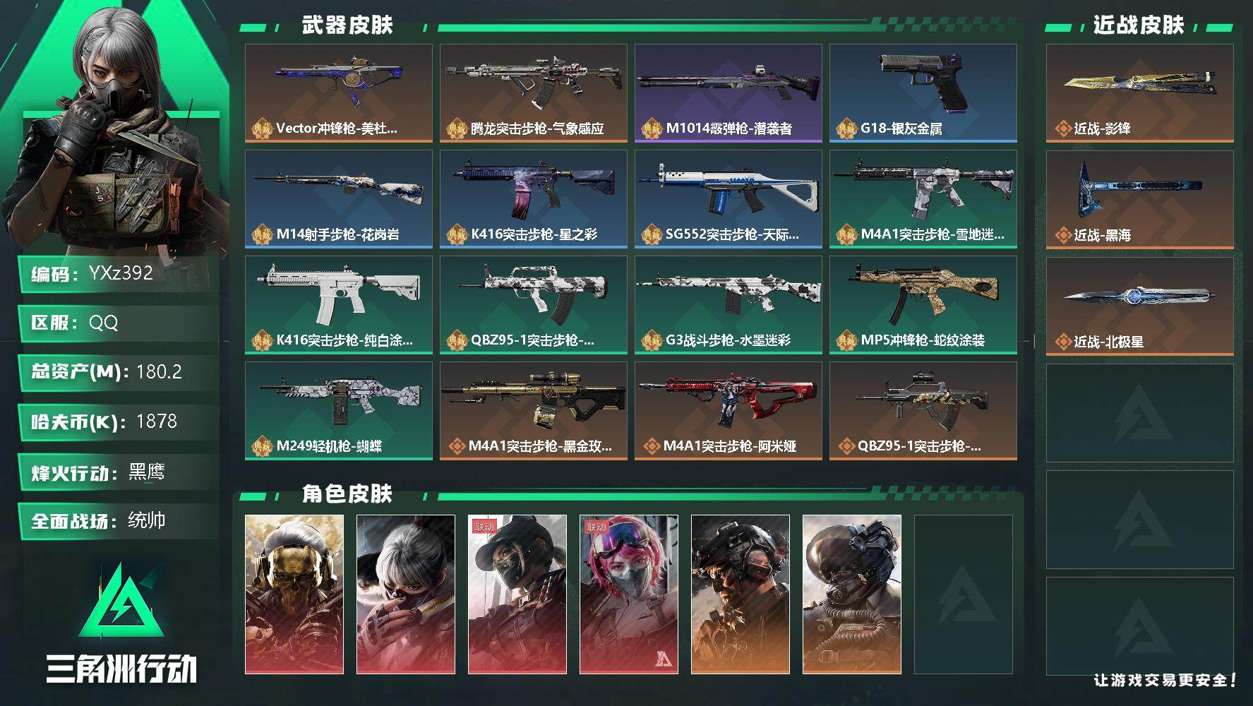 三角洲行动账号QQ【商品标题】：
【干员外观】：红狼-蚀金玫瑰，骇爪-水墨云图，露娜-黑·天际线，威龙-铁面判官，威龙-壮志凌云，威龙-飞虎，蜂医-送葬人·无题密令，无名-夜鹰，蛊-能天使午夜邮差
【典藏外观】：Ve