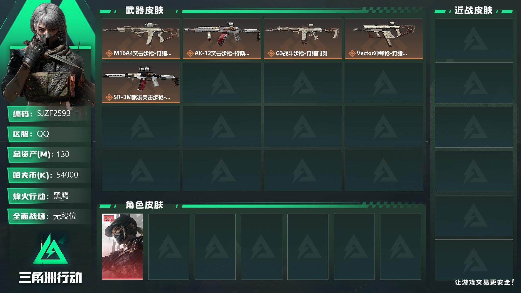三角洲行动账号QQ【SJZF2593】总资产(M)：130M/哈夫币(K)：54000K/哈夫币(K)：54000K/全面战场等级：1_段位：无段位/烽火地带等级：60_段位：黑鹰/露娜-黑·天际线/M16A4突击步