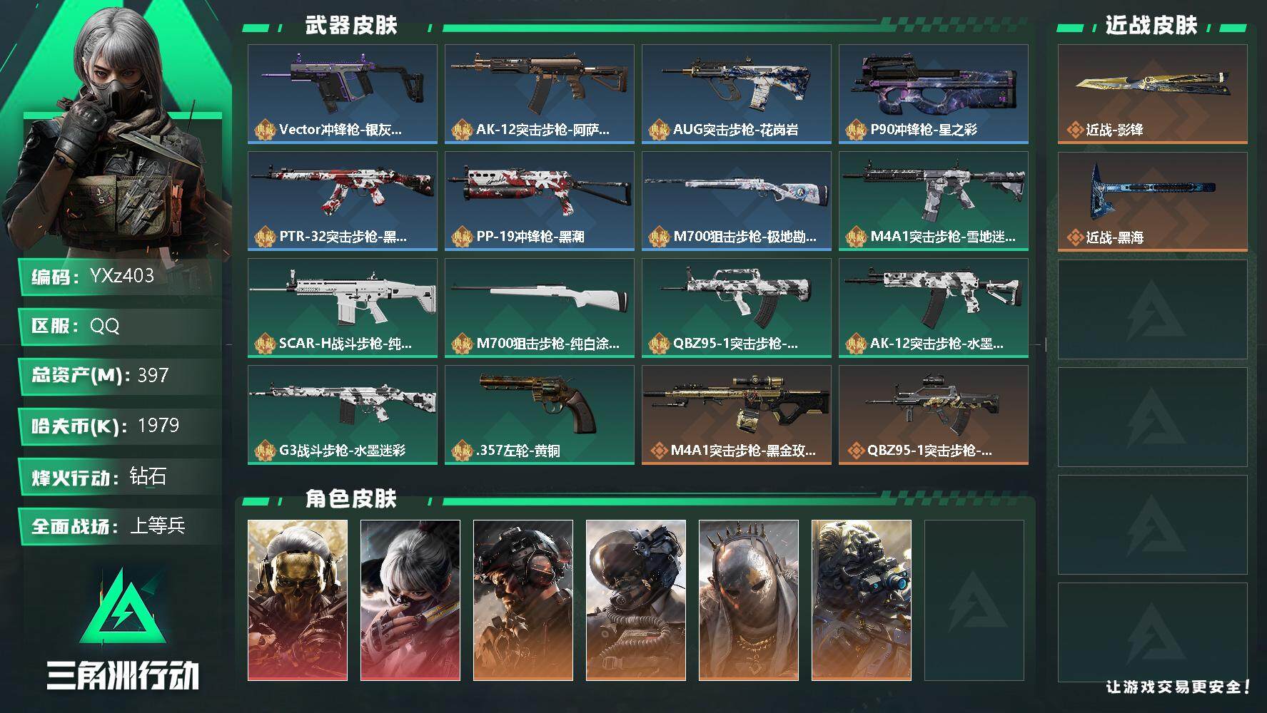 三角洲行动账号QQ【商品标题】：
【干员外观】：红狼-蚀金玫瑰，骇爪-水墨云图，威龙-铁面判官，威龙-壮志凌云，牧羊人-街头之王，无名-夜鹰
【典藏外观】：Vector冲锋枪-银灰金属，AK-12突击步枪-阿萨拉卫队