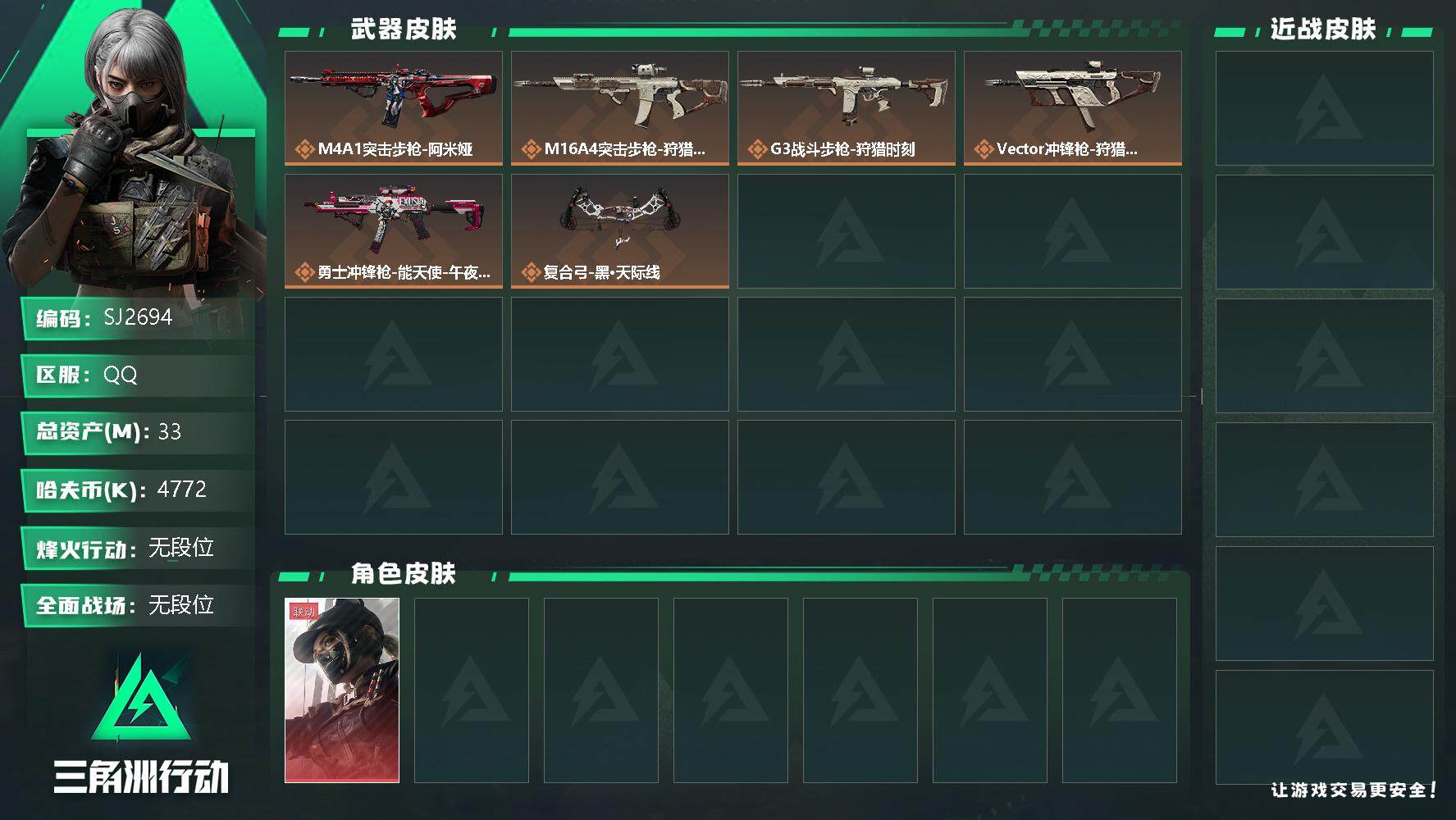 三角洲行动账号QQ【SJ2694】总资产(M)：33M/哈夫币(K)：4772K/哈夫币(K)：4772K/传说枪皮数：6/全面战场等级：5_段位：无段位/烽火地带等级：36_段位：无段位/露娜-黑·天际线/近战-黑