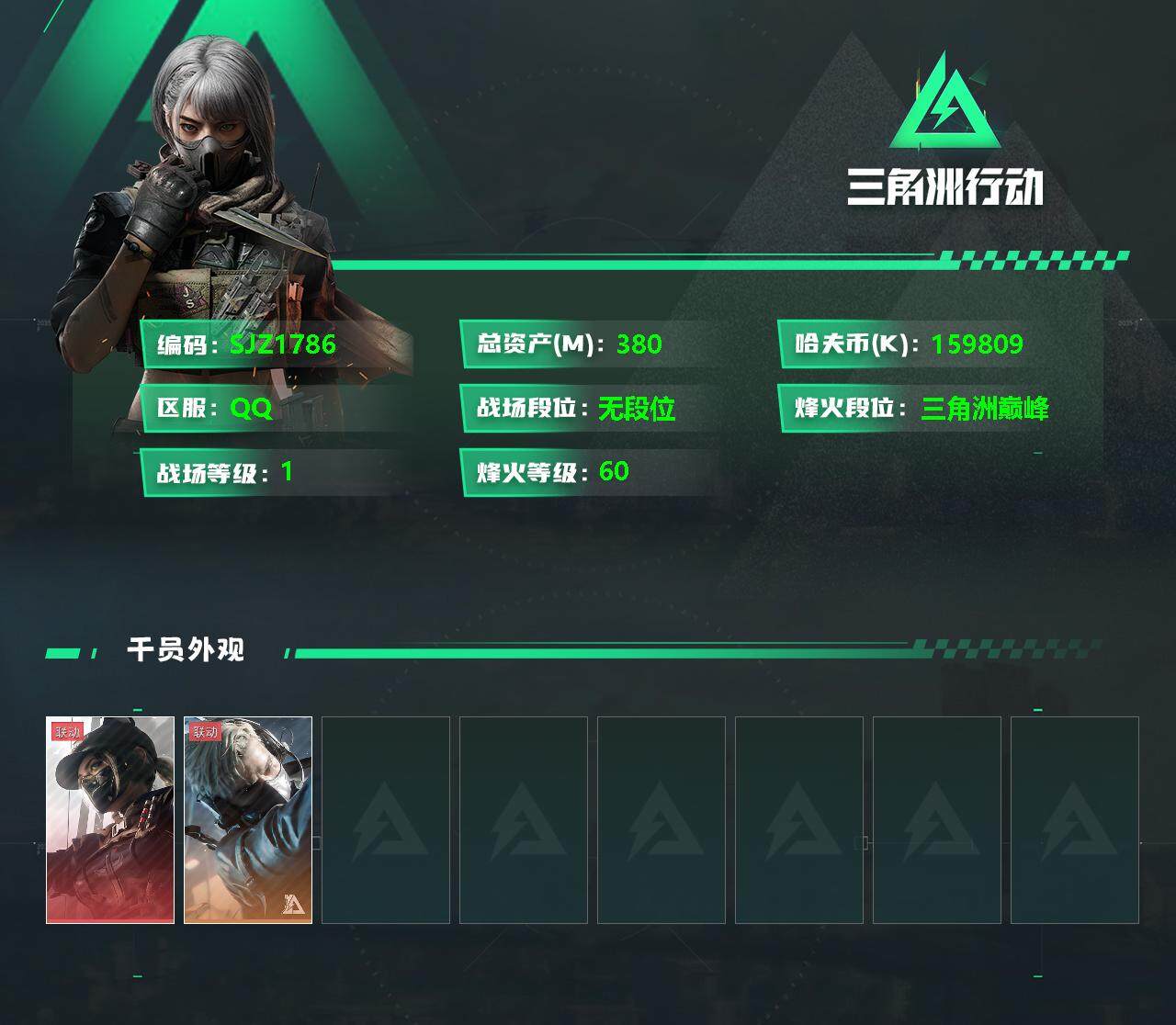 三角洲行动账号QQ【SJZ1786】总资产(M)：380.4M/哈夫币(K)：159809K/哈夫币(K)：159809K/全面战场等级：1_段位：无段位/烽火地带等级：60_段位：三角洲巅峰/露娜-黑·天际线/蜂医
