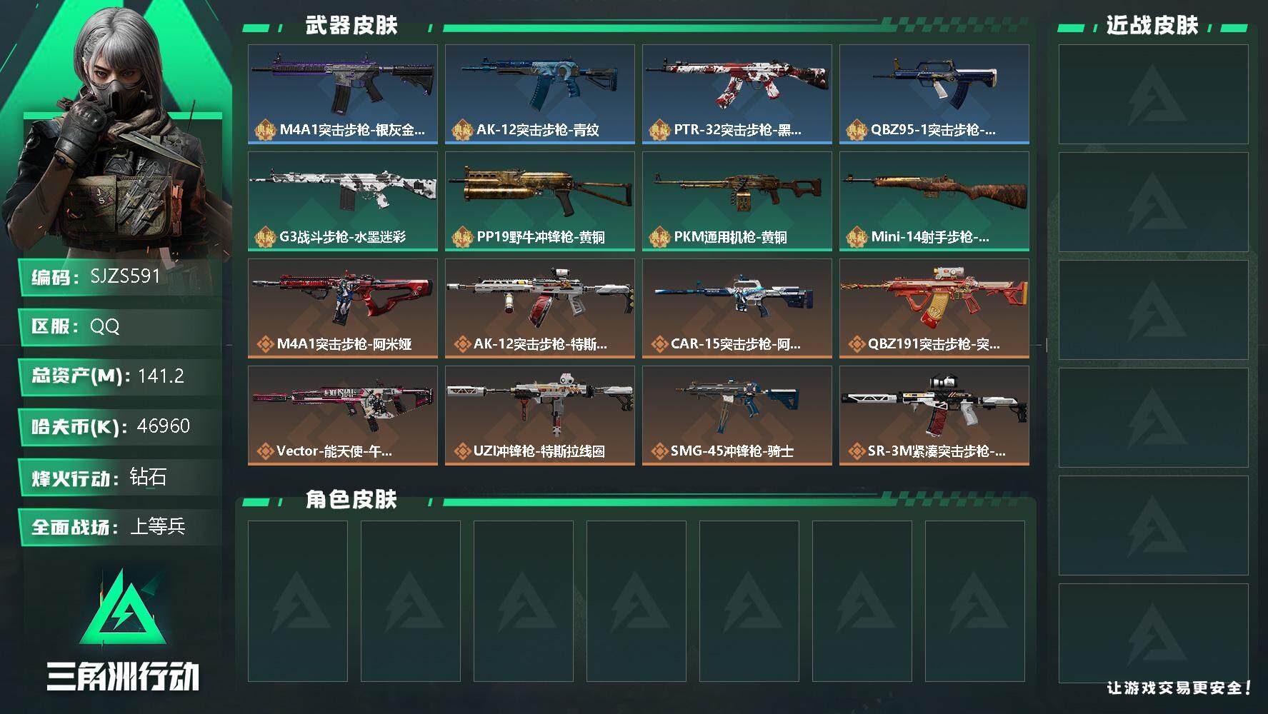 三角洲行动账号QQ【SJZS591】总资产(M)：141.2M/哈夫币(K)：46960K/哈夫币(K)：46960K/传说枪皮数：12/全面战场等级：16_段位：上等兵/烽火地带等级：60_段位：钻石/近战-黑鹰/