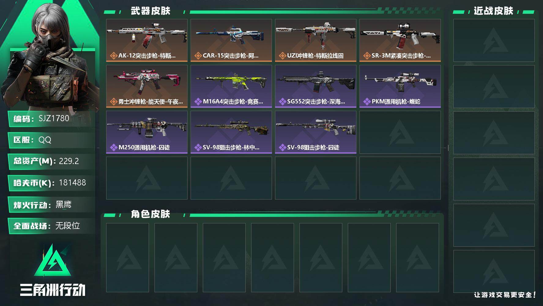 三角洲行动账号QQ【SJZ1780】总资产(M)：229.2M/哈夫币(K)：181488K/哈夫币(K)：181488K/传说枪皮数：5/全面战场等级：1_段位：无段位/烽火地带等级：60_段位：黑鹰/近战-黑鹰/