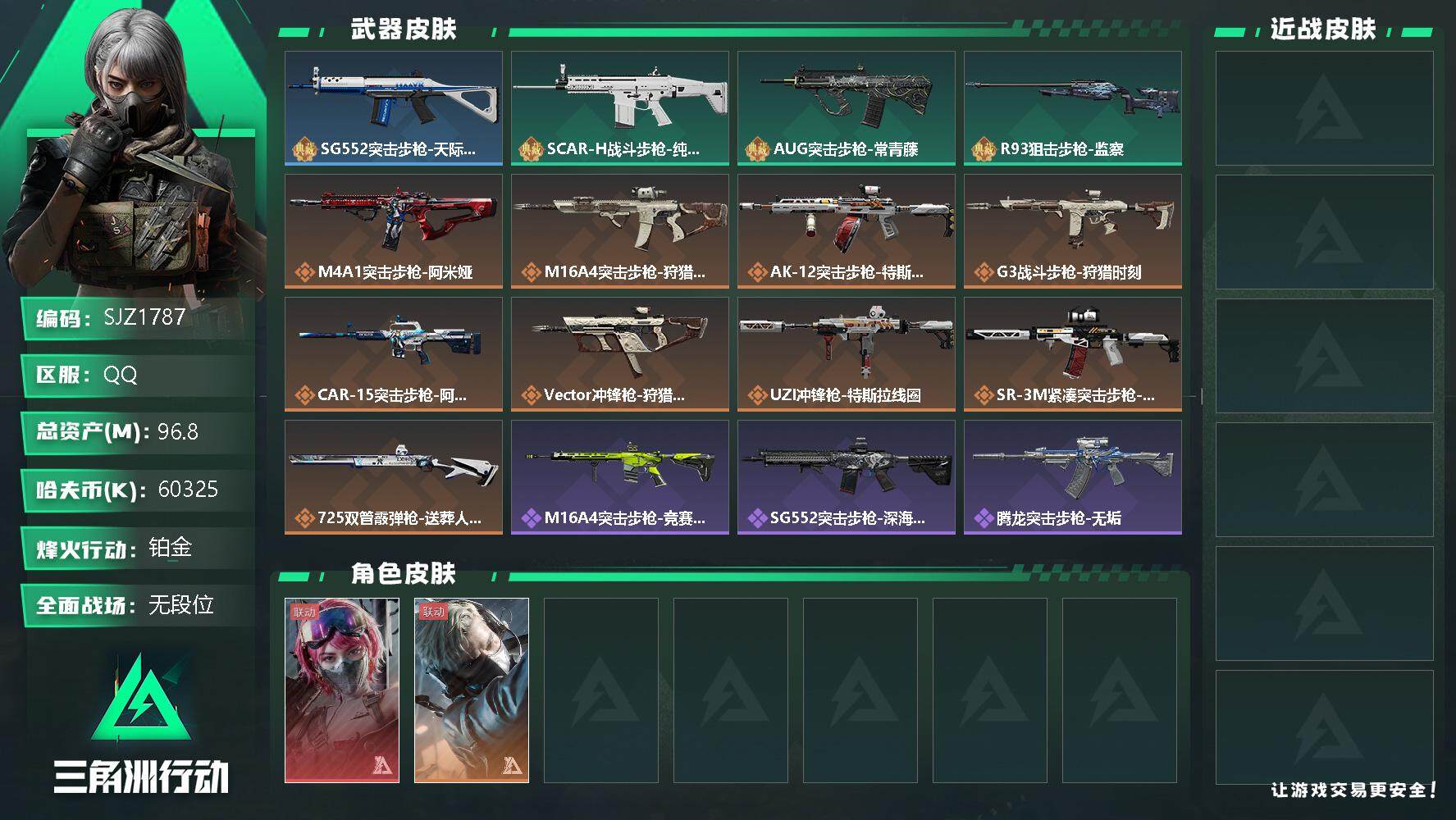三角洲行动账号QQ【SJZ1787】总资产(M)：96.8M/哈夫币(K)：60325K/哈夫币(K)：60325K/传说枪皮数：10/全面战场等级：1_段位：无段位/烽火地带等级：46_段位：铂金/蜂医-送葬人·无