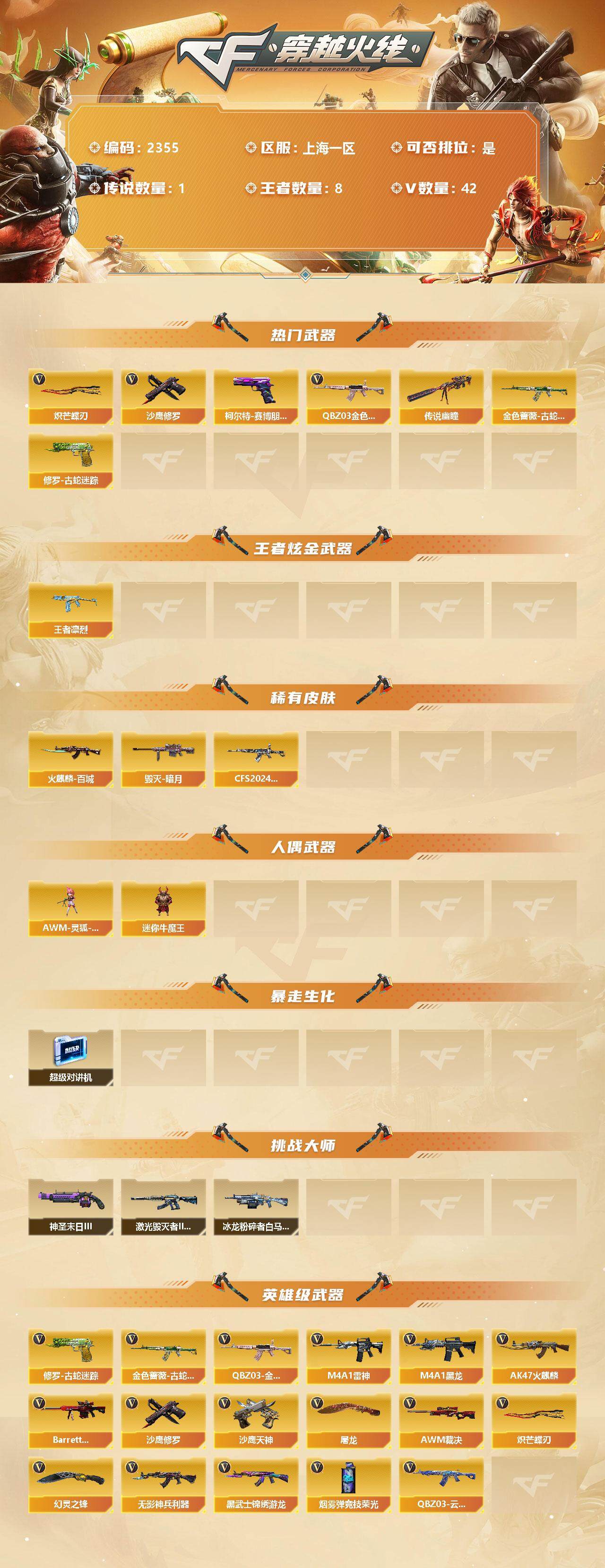 穿越火线账号东部战区上海一区[11948574]【商品标题】：上海一区-42V-8王者-0炫金
【传说武器】：传说幽瞳
【热门武器】：传说幽瞳，QBZ03-金色蔷薇，金色蔷薇-古蛇迷踪，修罗-古蛇迷踪，沙鹰-修罗，柯尔特-赛博朋