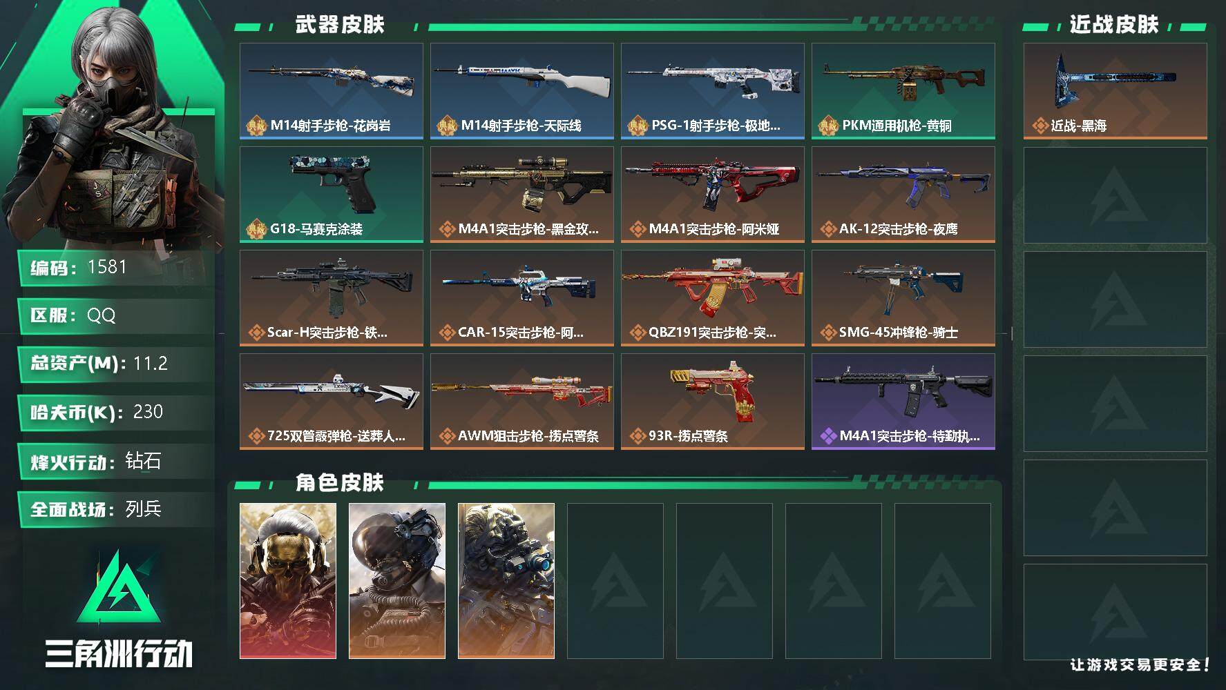 三角洲行动账号QQ总资产(M)：11.2M/哈夫币(K)：230K/哈夫币(K)：230K/全面战场等级：11_段位：