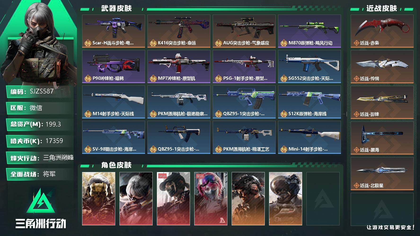 三角洲行动账号VX【SJZS587】总资产(M)：199.3M/哈夫币(K)：17359K/哈夫币(K)：17359K/全面战场等级：50_段位：将军/烽火地带等级：60_段位：三角洲巅峰/红狼-蚀金玫瑰/骇爪-水墨