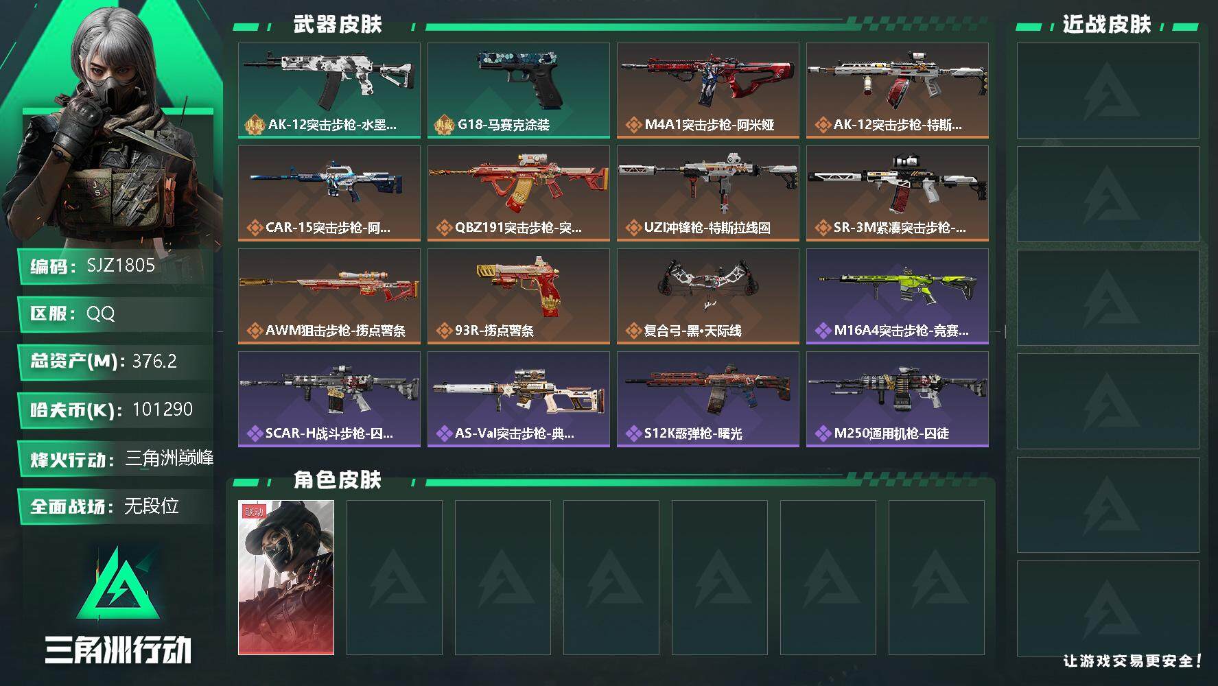 三角洲行动账号QQ【SJZ1805】总资产(M)：376.2M/哈夫币(K)：101290K/哈夫币(K)：101290K/全面战场等级：1_段位：无段位/烽火地带等级：60_段位：三角洲巅峰/露娜-黑·天际线/AK