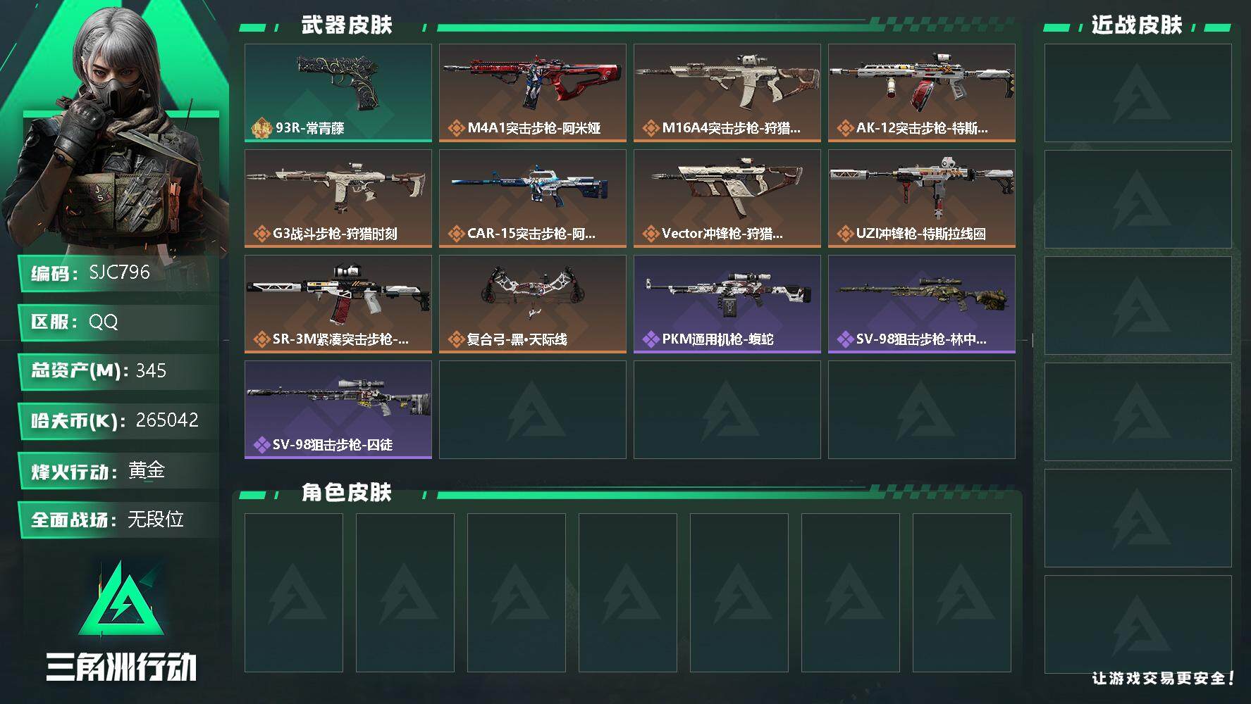 三角洲行动账号QQ【SJC796】总资产(M)：345M/哈夫币(K)：265042K/哈夫币(K)：265042K/全面战场等级：7_段位：无段位/烽火地带等级：60_段位：黄金/93R-常青藤/M4A1突击步枪-