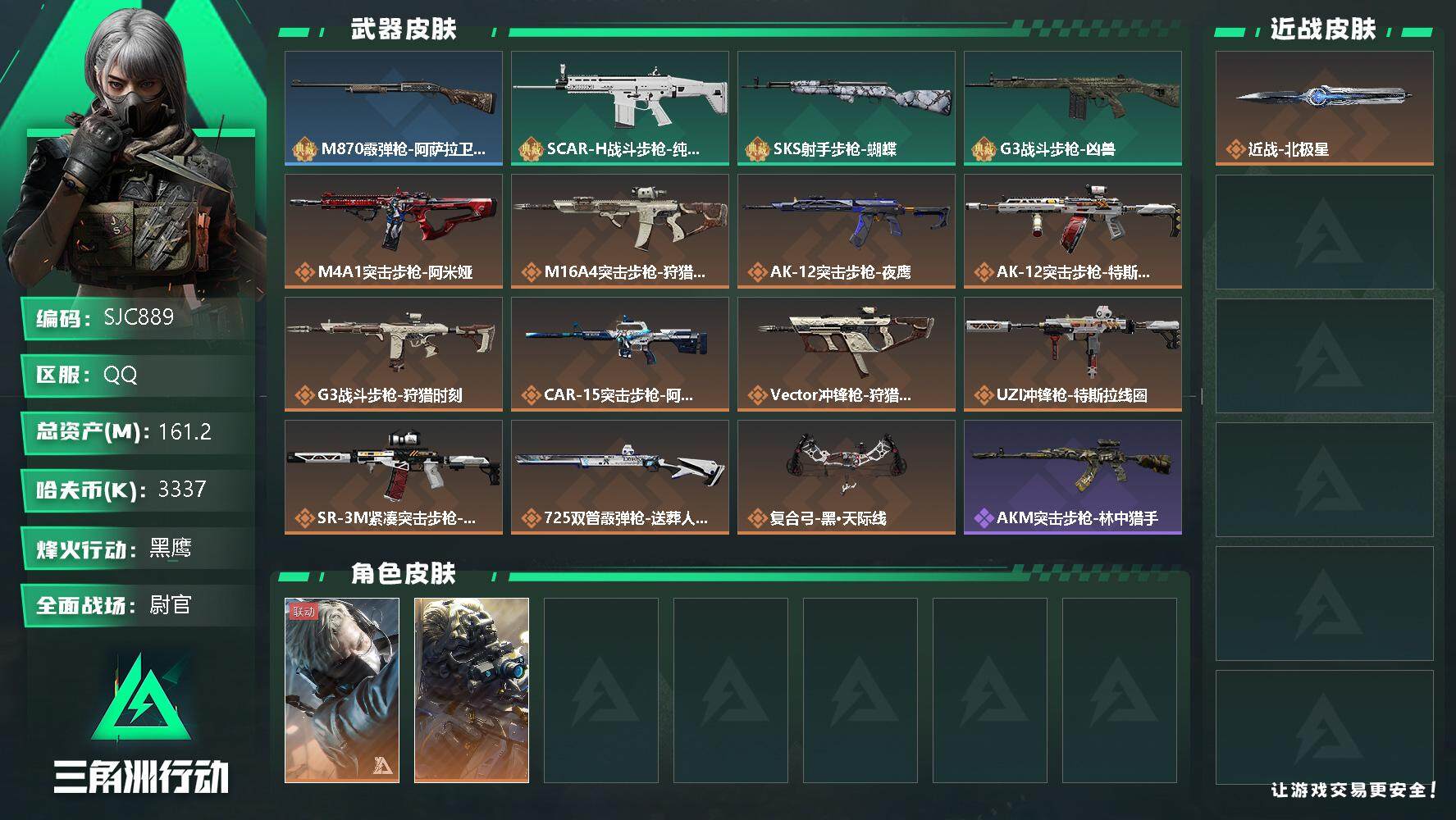 三角洲行动账号QQ【SJC889】总资产(M)：161.2M/哈夫币(K)：3337K/哈夫币(K)：3337K/全面战场等级：45_段位：尉官/烽火地带等级：60_段位：黑鹰/蜂医-送葬人·无题密令/无名-夜鹰/近