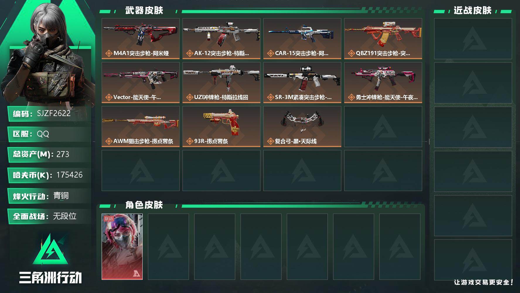 三角洲行动账号QQ【SJZF2622】总资产(M)：273M/哈夫币(K)：175426K/哈夫币(K)：175426K/传说枪皮数：11/全面战场等级：5_段位：无段位/烽火地带等级：60_段位：青铜/蛊-能天使午
