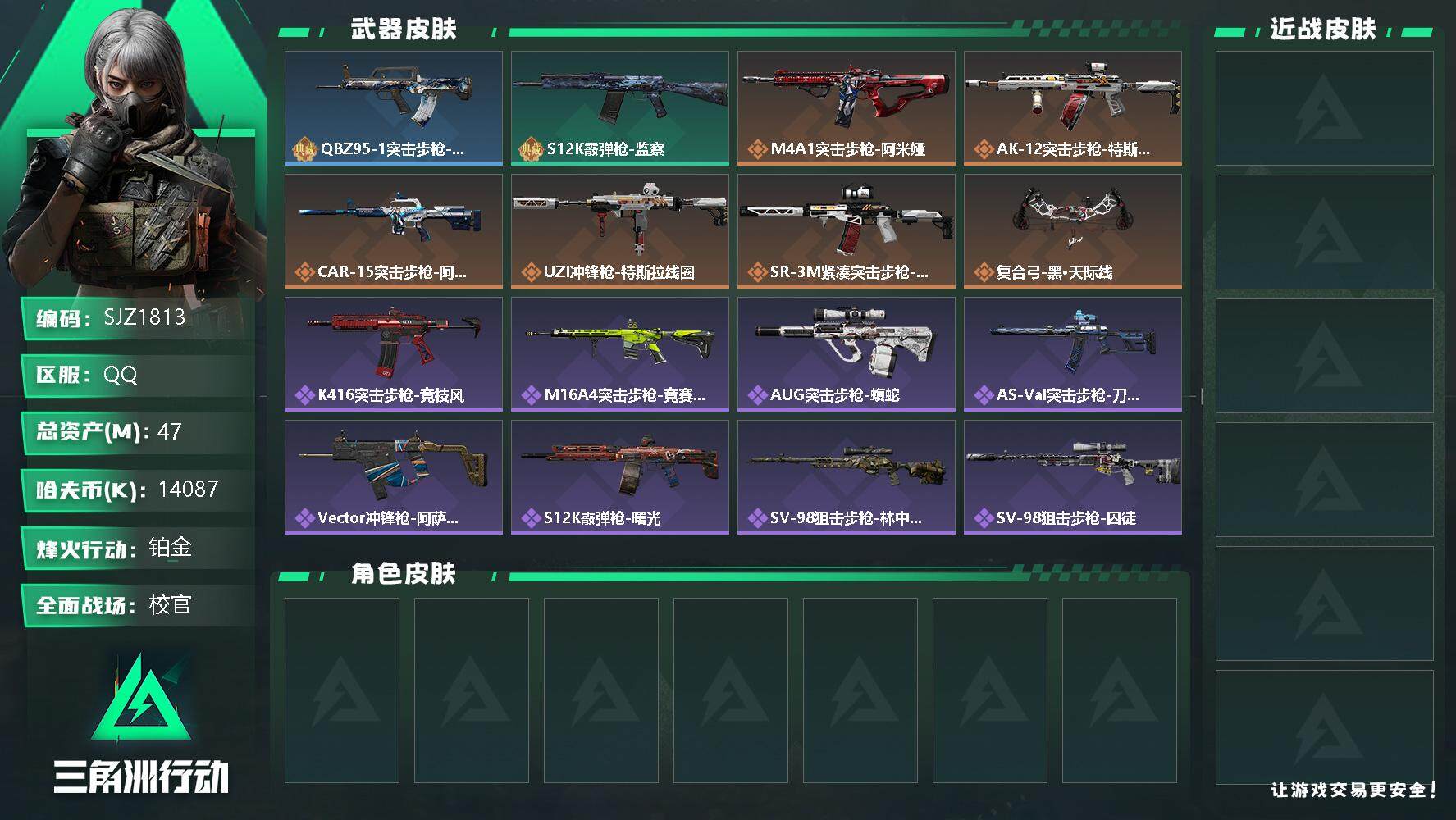 三角洲行动账号QQ【SJZ1813】总资产(M)：47M/哈夫币(K)：14087K/哈夫币(K)：14087K/传说枪皮数：6/全面战场等级：29_段位：校官/烽火地带等级：41_段位：铂金/QBZ95-1突击步枪