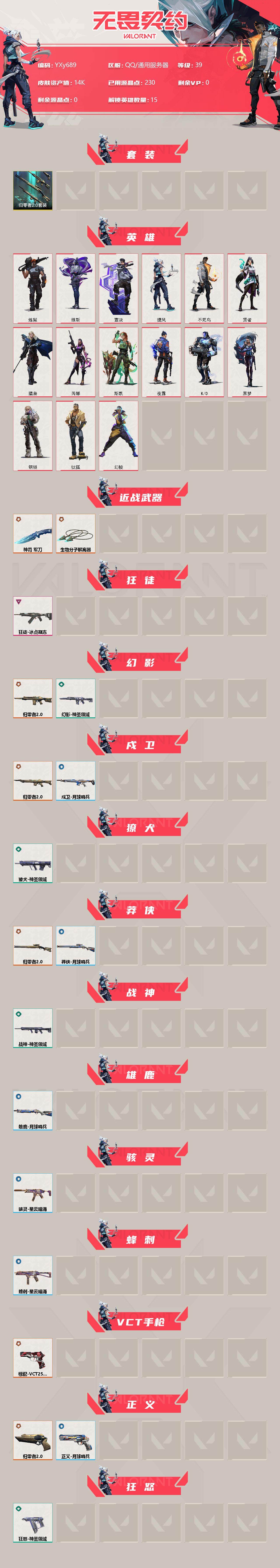 无畏契约账号QQ【蟑螂2.0全套.冰点狂徒.vct标配】-YXy689【可二次】
【套装】：归零者//2.0套装
【英雄】：幻棱，炼狱，维斯，钛狐，壹决，捷风，不死鸟，贤者，猎枭，芮娜，斯凯，夜露，K/O，黑梦，钢