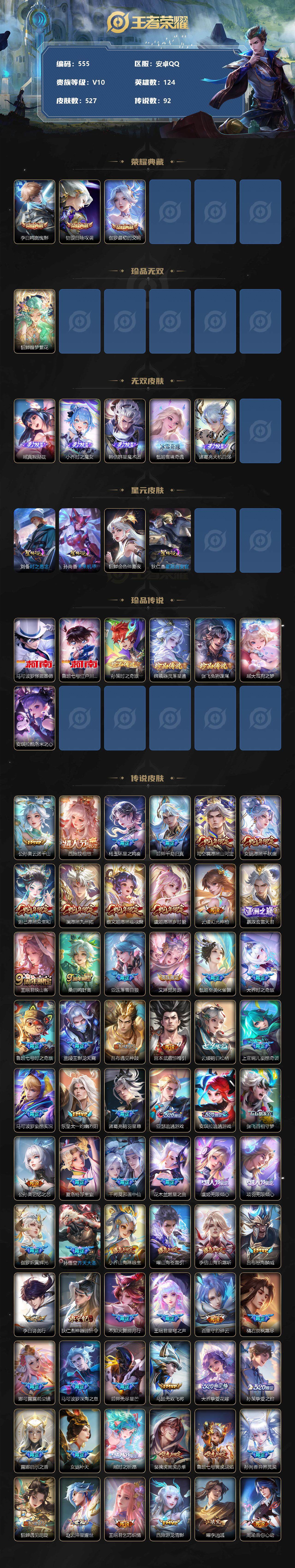王者荣耀账号安卓QQV10--124英雄-527皮肤-3典藏-1珍品无双-5无双-7珍品传说-92传说-190史诗，SAU1084
【荣耀典藏】：李白鸣剑曳影，铠银白咏叹调，伽罗最初的交响
【珍品无双】：貂蝉馥梦繁花

