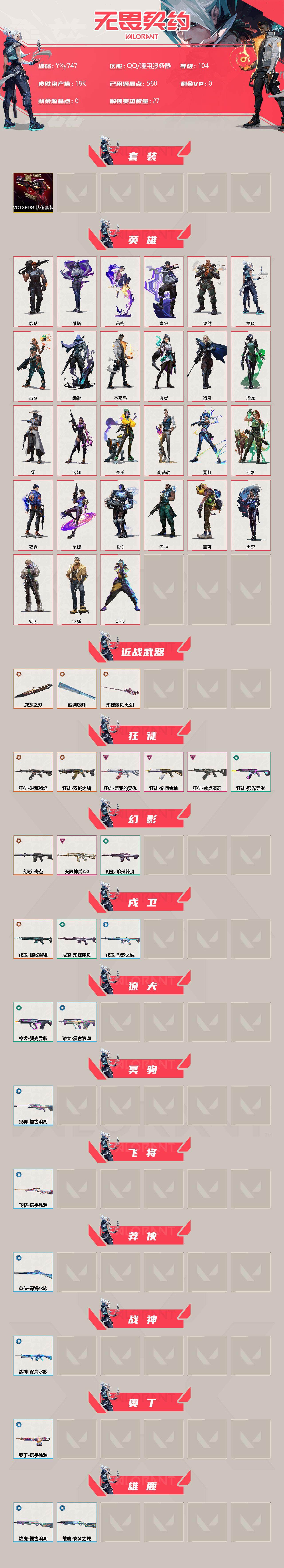 无畏契约账号QQ【1.8w库存精品狂徒号.威龙之刃.鱼扇.流脓.鱼骨头.盖亚.紫金.冰点】-YXy747【无二次】
【套装】：VCTxEDG 队伍套装
【英雄】：幻棱，炼狱，维斯，暮蝶，钛狐，壹决，铁臂，捷风，雷兹