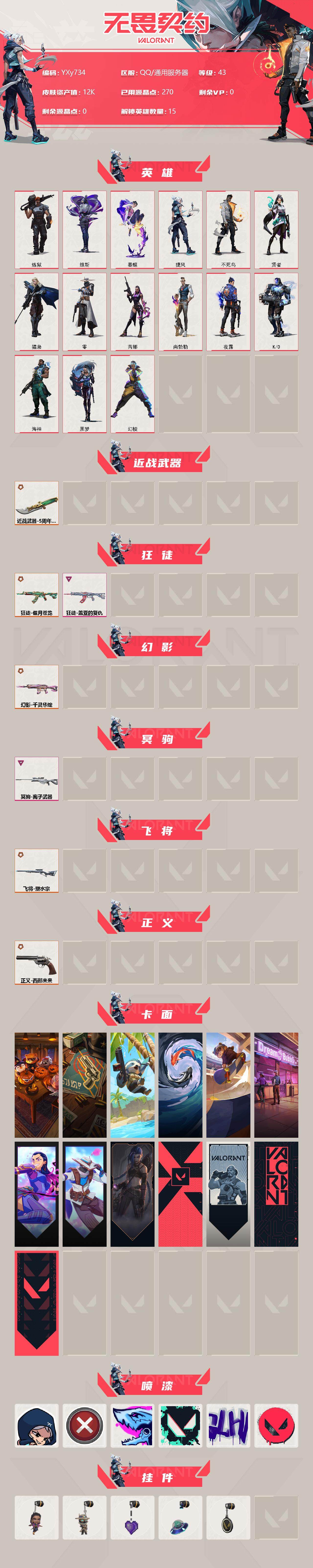 无畏契约账号QQ【1.2w库存多主战皮.五周年小刀.盖亚.偃月苍龙.千灵华绽.离子狙.西部左轮】-YXy734【可二次】
【英雄】：幻棱，炼狱，维斯，暮蝶，捷风，不死鸟，贤者，猎枭，零，芮娜，尚勃勒，夜露，K/O，