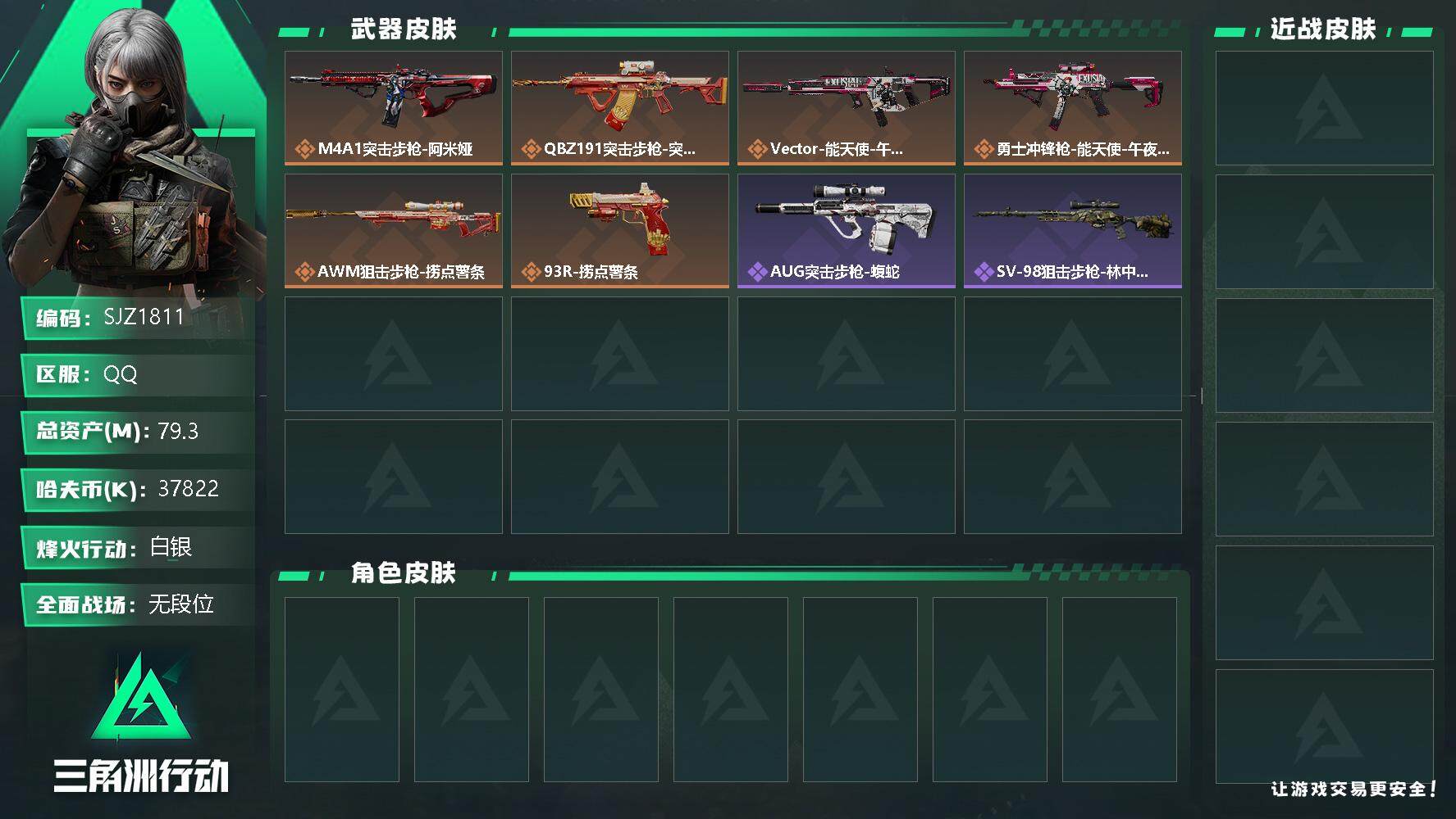 三角洲行动账号QQ【SJZ1811】总资产(M)：79.3M/哈夫币(K)：37822K/哈夫币(K)：37822K/传说枪皮数：6/全面战场等级：1_段位：无段位/烽火地带等级：44_段位：白银/近战-黑鹰/M4A
