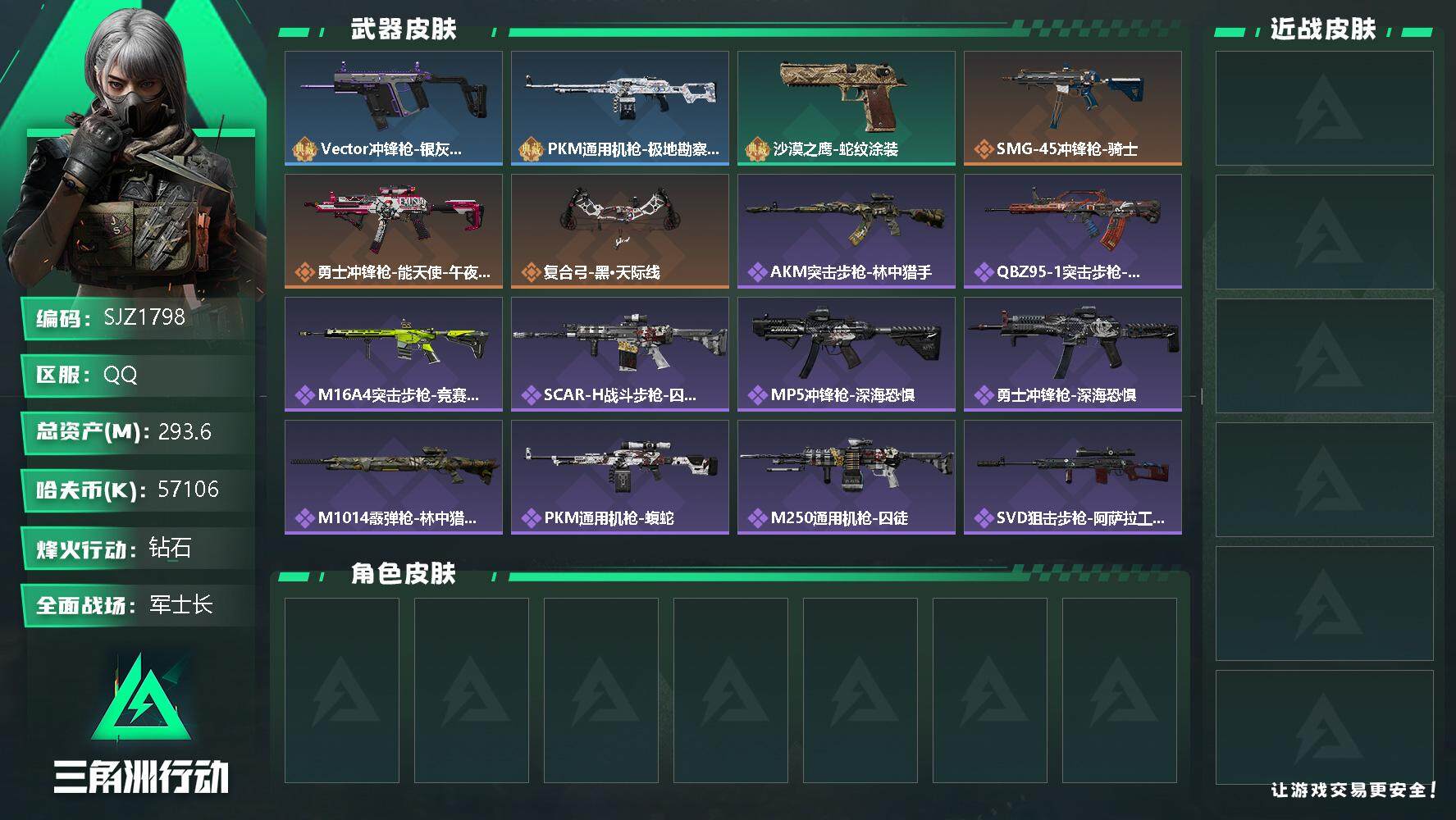 三角洲行动账号QQ【SJZ1798】总资产(M)：293.6M/哈夫币(K)：57106K/哈夫币(K)：57106K/传说枪皮数：3/全面战场等级：40_段位：军士长/烽火地带等级：60_段位：钻石/近战-黑鹰/V