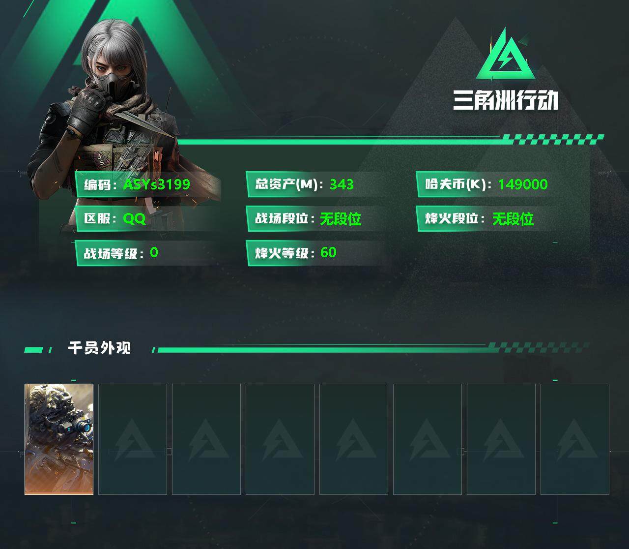 三角洲行动账号QQ【Q区三端互通】【无二次-2025.9.22出二次】ASYs3199-特勤处：仓库8级/训练中心6级/靶场6级-总资产343.8M-哈夫币149M-烽火等级：60级【勾选了部分账号，详细看图，平台认