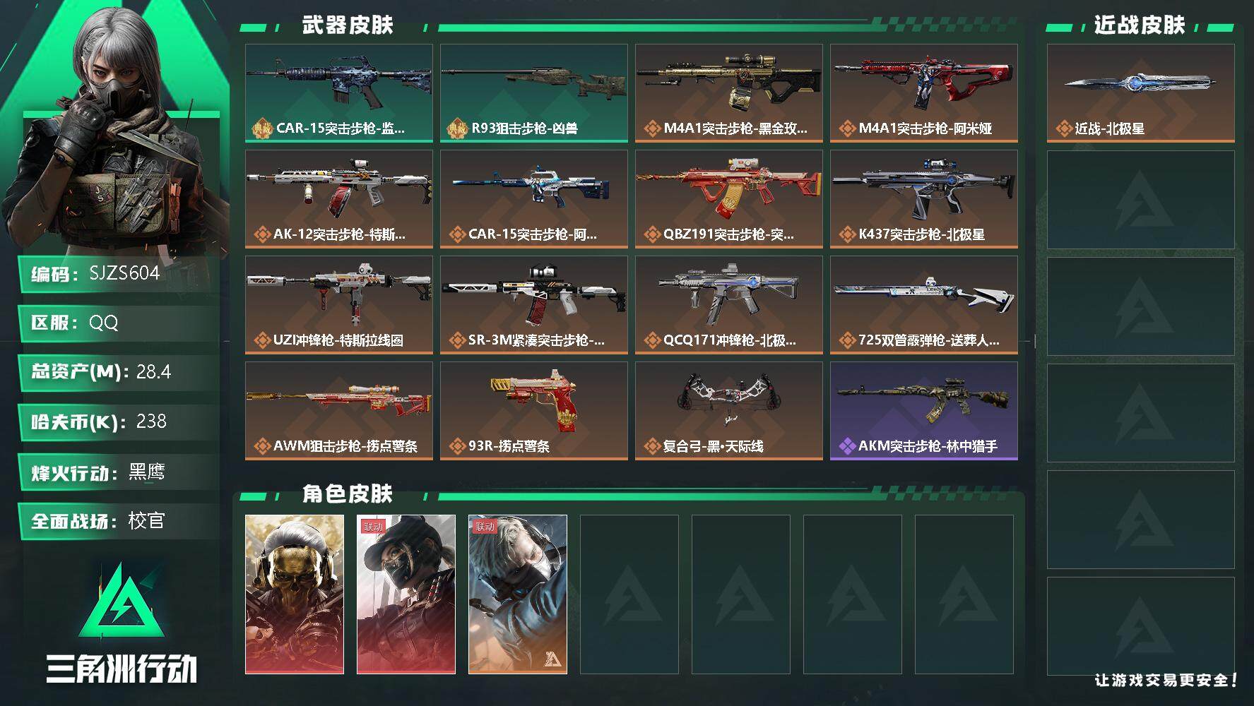三角洲行动账号QQ【SJZS604】总资产(M)：28.4M/哈夫币(K)：238K/哈夫币(K)：238K/传说枪皮数：14/全面战场等级：39_段位：校官/烽火地带等级：60_段位：黑鹰/红狼-蚀金玫瑰/露娜-黑