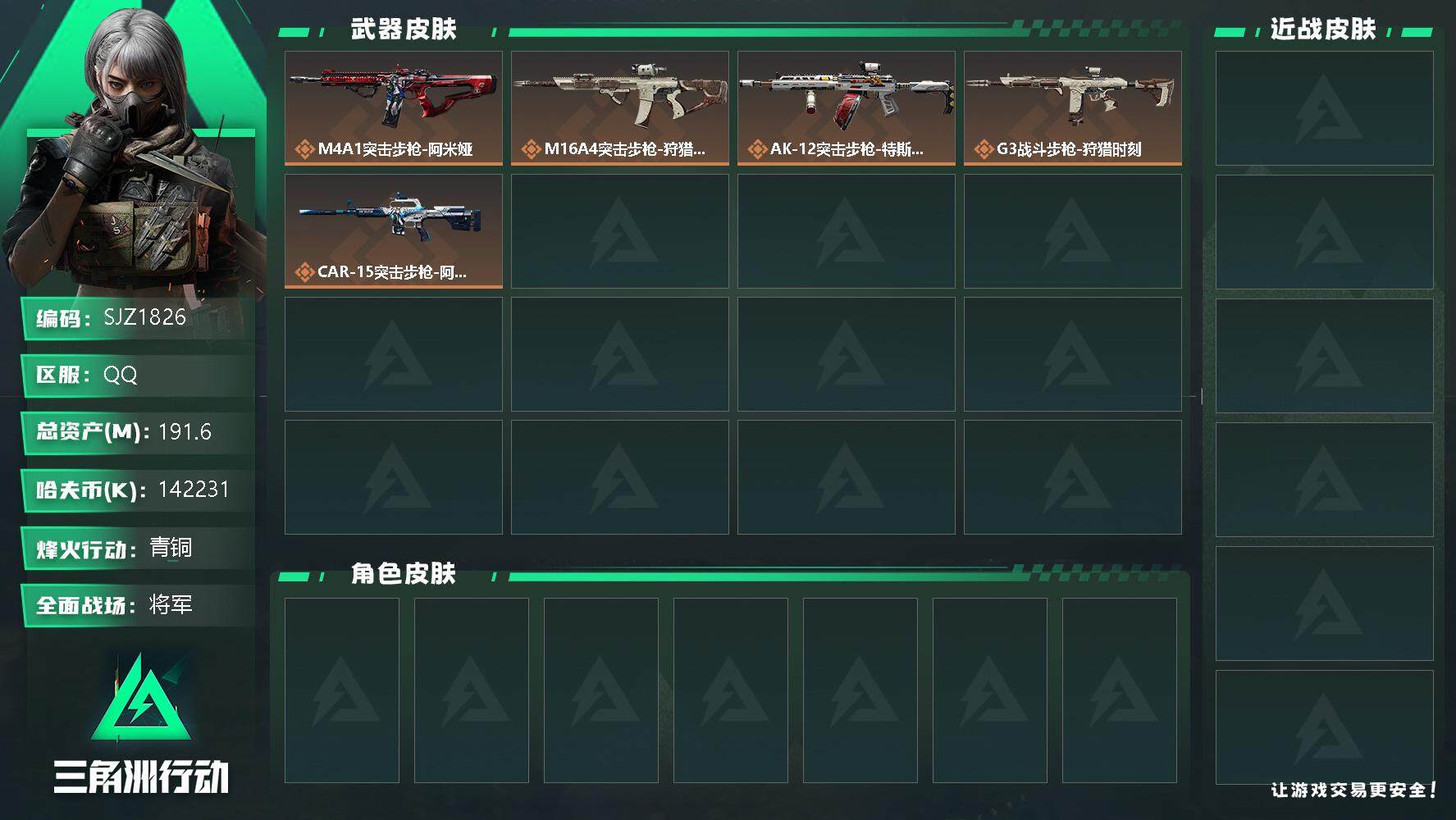 三角洲行动账号QQ【SJZ1826】总资产(M)：191.6M/哈夫币(K)：142231K/哈夫币(K)：142231K/传说枪皮数：10/全面战场等级：58_段位：将军/烽火地带等级：58_段位：青铜/近战-黑鹰