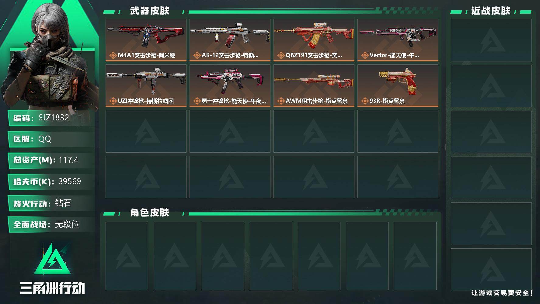 三角洲行动账号QQ【SJZ1832】总资产(M)：117.4M/哈夫币(K)：39569K/哈夫币(K)：39569K/全面战场等级：1_段位：无段位/烽火地带等级：41_段位：钻石/近战-黑鹰/M4A1突击步枪-阿