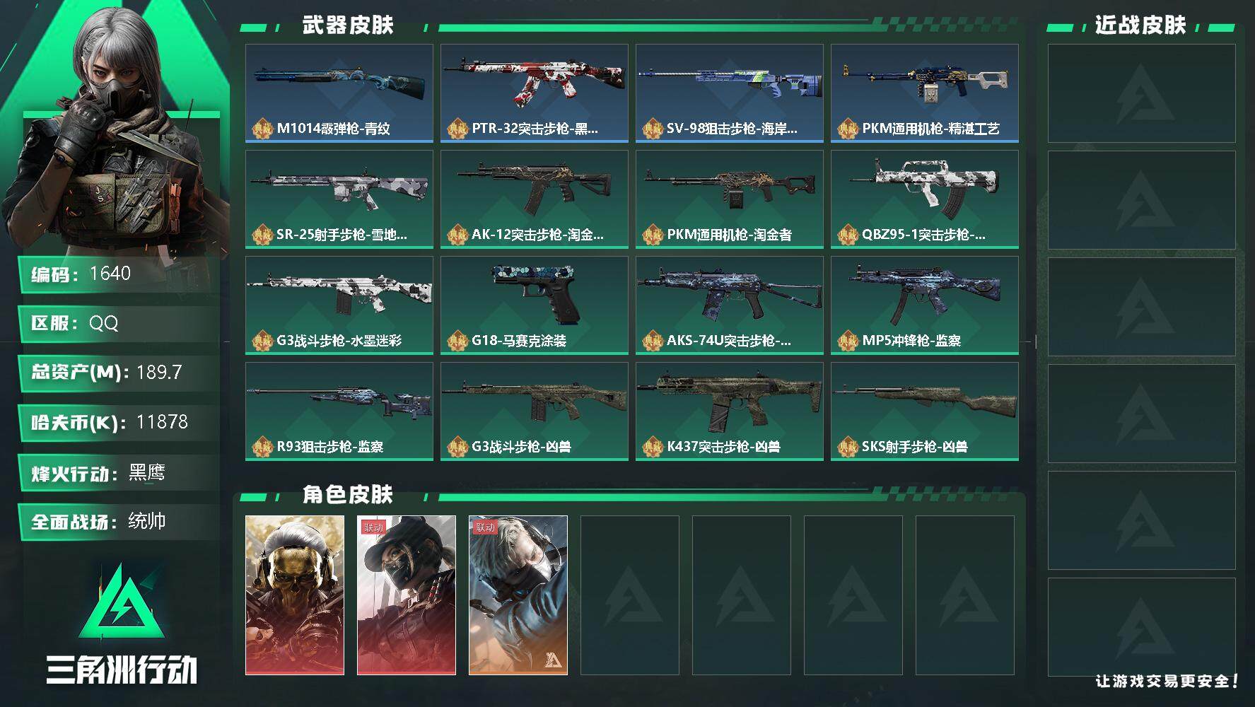 三角洲行动账号QQ总资产(M)：189.7M/哈夫币(K)：11878K/哈夫币(K)：11878K/全面战场等级：5