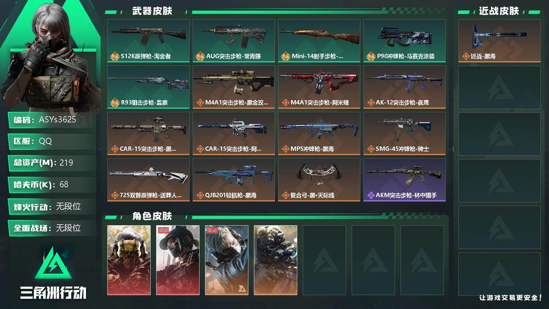 三角洲行动账号QQ【Q区三端互通】【无二次-2025.9.27出二次】ASYs3625-特勤处：仓库7级/训练中心7级/靶场7级-总资产219.9M-哈夫币6W-烽火等级：60级【勾选了部分账号，详细看图，平台认证商