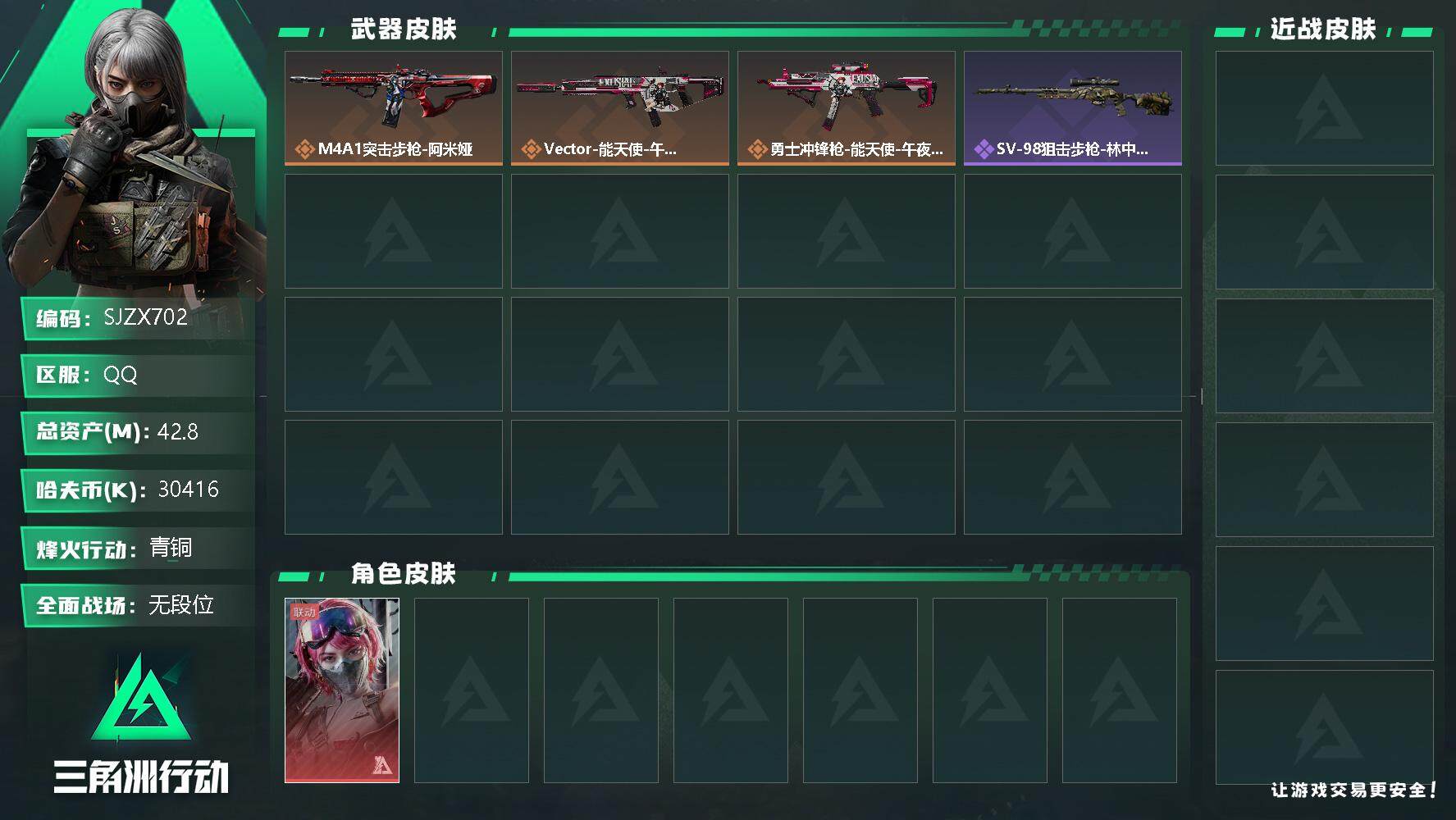 三角洲行动账号QQ【SJZX702】总资产(M)：42.8M/哈夫币(K)：30416K/哈夫币(K)：30416K/全面战场等级：3_段位：无段位/烽火地带等级：44_段位：青铜/蛊-能天使午夜邮差/M4A1突击步