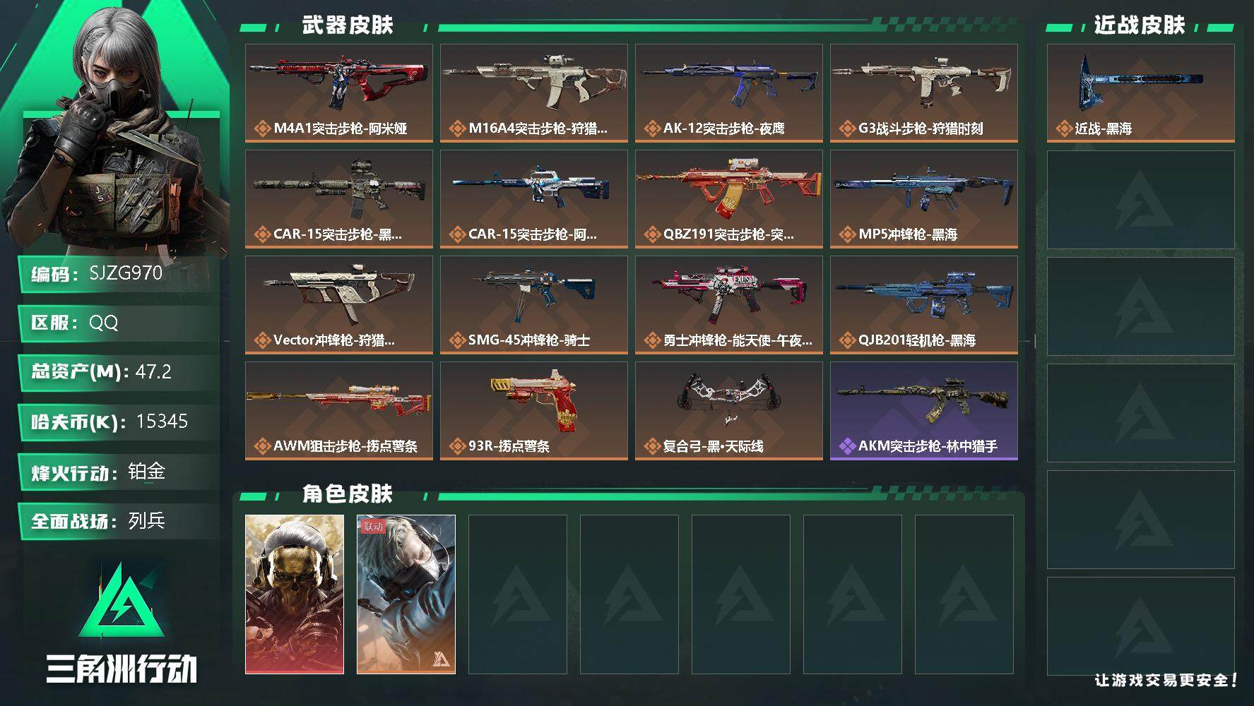 三角洲行动账号QQ【SJZG970】总资产(M)：47.2M/哈夫币(K)：15345K/哈夫币(K)：15345K/全面战场等级：32_段位：列兵/烽火地带等级：60_段位：铂金/蜂医-送葬人·无题密令/红狼-蚀金