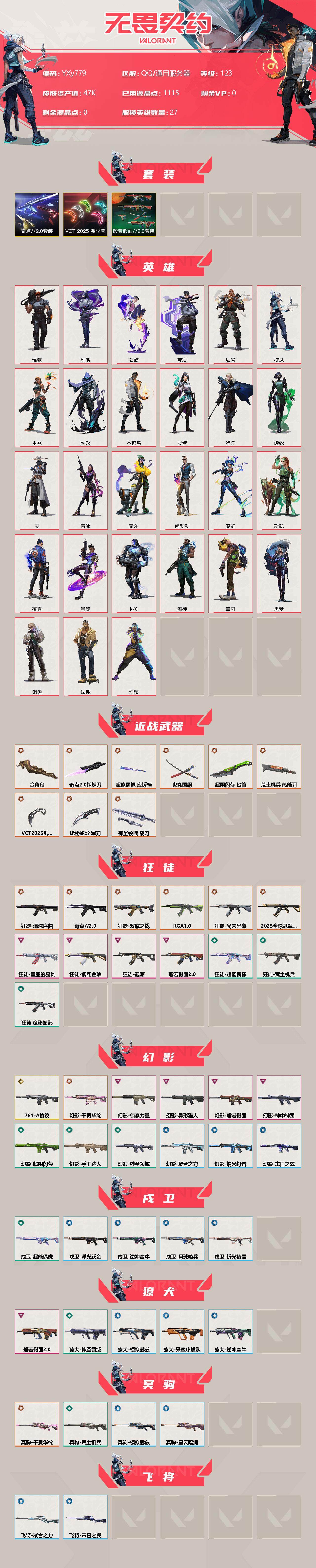 无畏契约账号QQ【4.7w库存VCT爪刀.太刀.十狂徒六幻影】-YXy779【无二次】
【套装】：VCT 2025 赛季套装，奇点//2.0套装，般若假面//2.0套装
【英雄】：幻棱，炼狱，维斯，暮蝶，钛狐，壹决