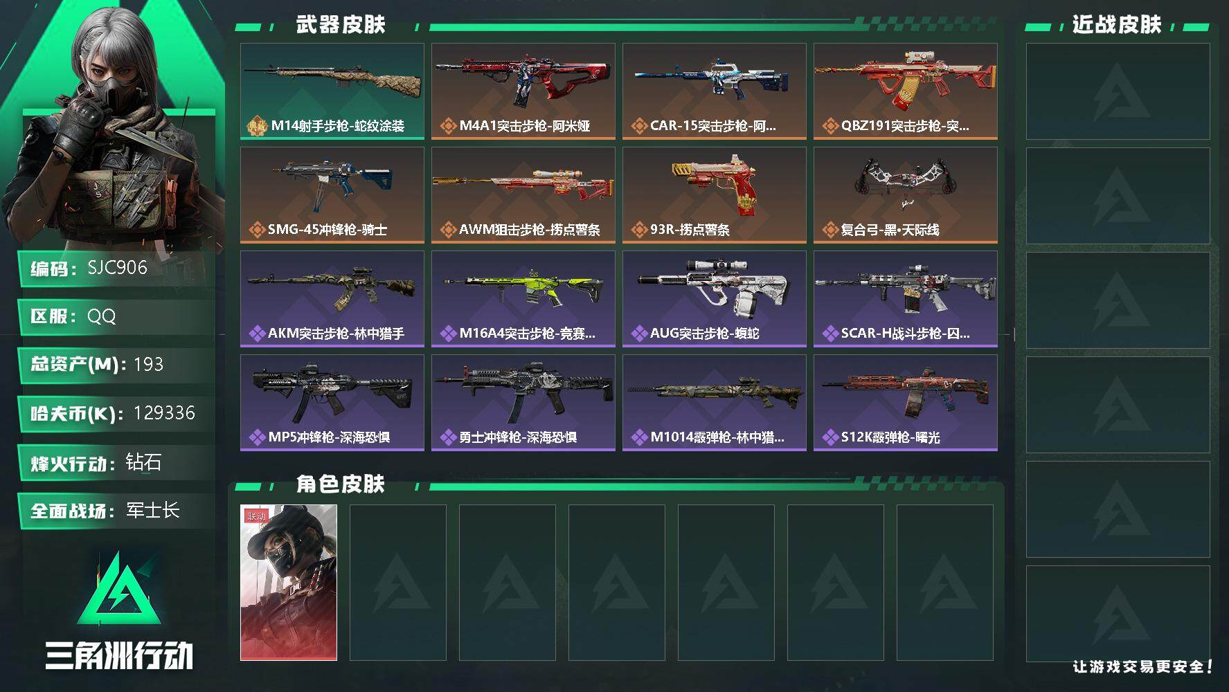 三角洲行动账号QQ【SJC906】总资产(M)：193M/哈夫币(K)：129336K/哈夫币(K)：129336K/传说枪皮数：9/全面战场等级：41_段位：军士长/烽火地带等级：60_段位：钻石/露娜-黑·天际线