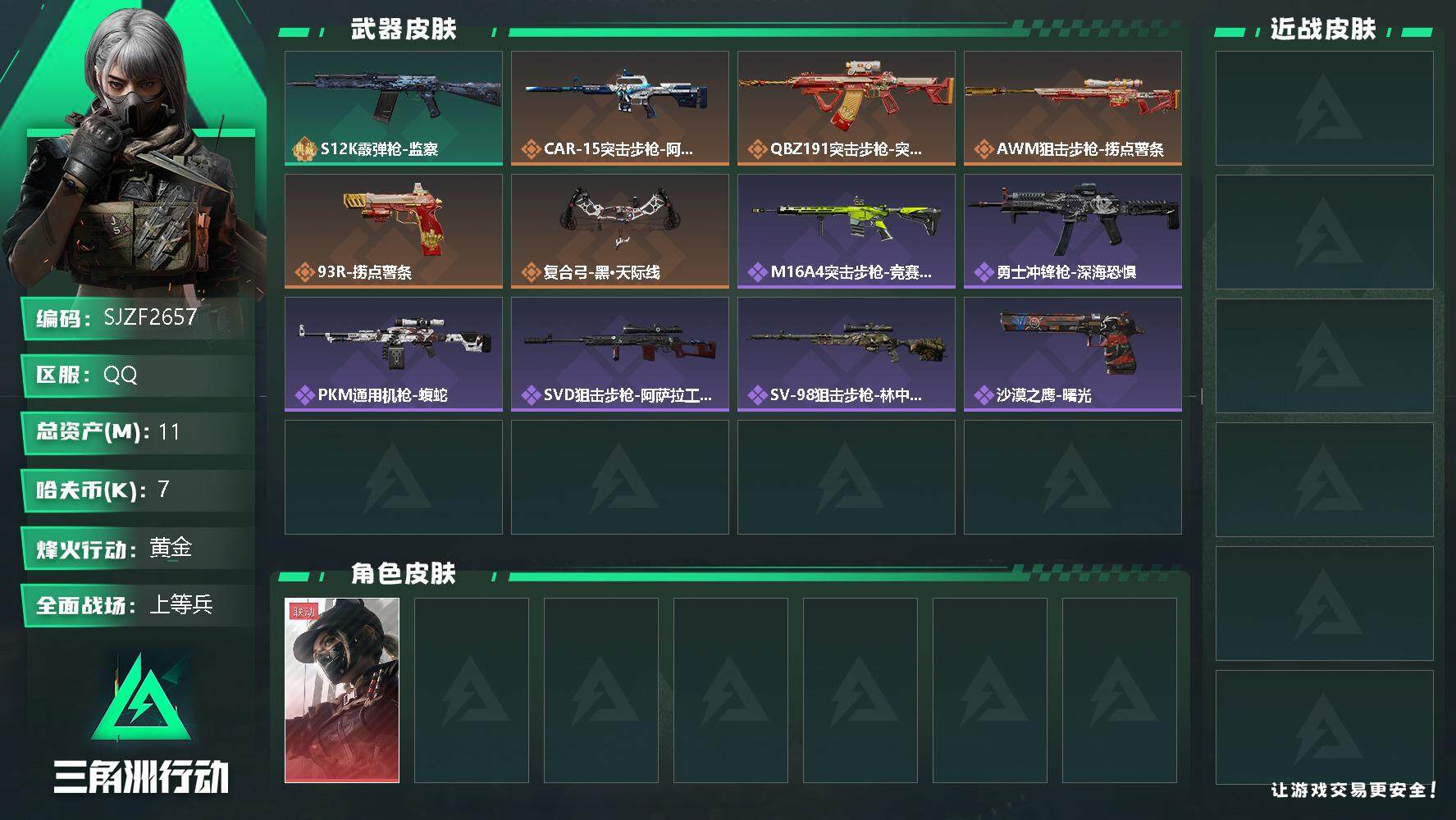 三角洲行动账号QQ【SJZF2657】总资产(M)：11M/哈夫币(K)：7K/哈夫币(K)：7K/全面战场等级：21_段位：上等兵/烽火地带等级：37_段位：黄金/露娜-黑·天际线/S12K霰弹枪-监察/CAR-1