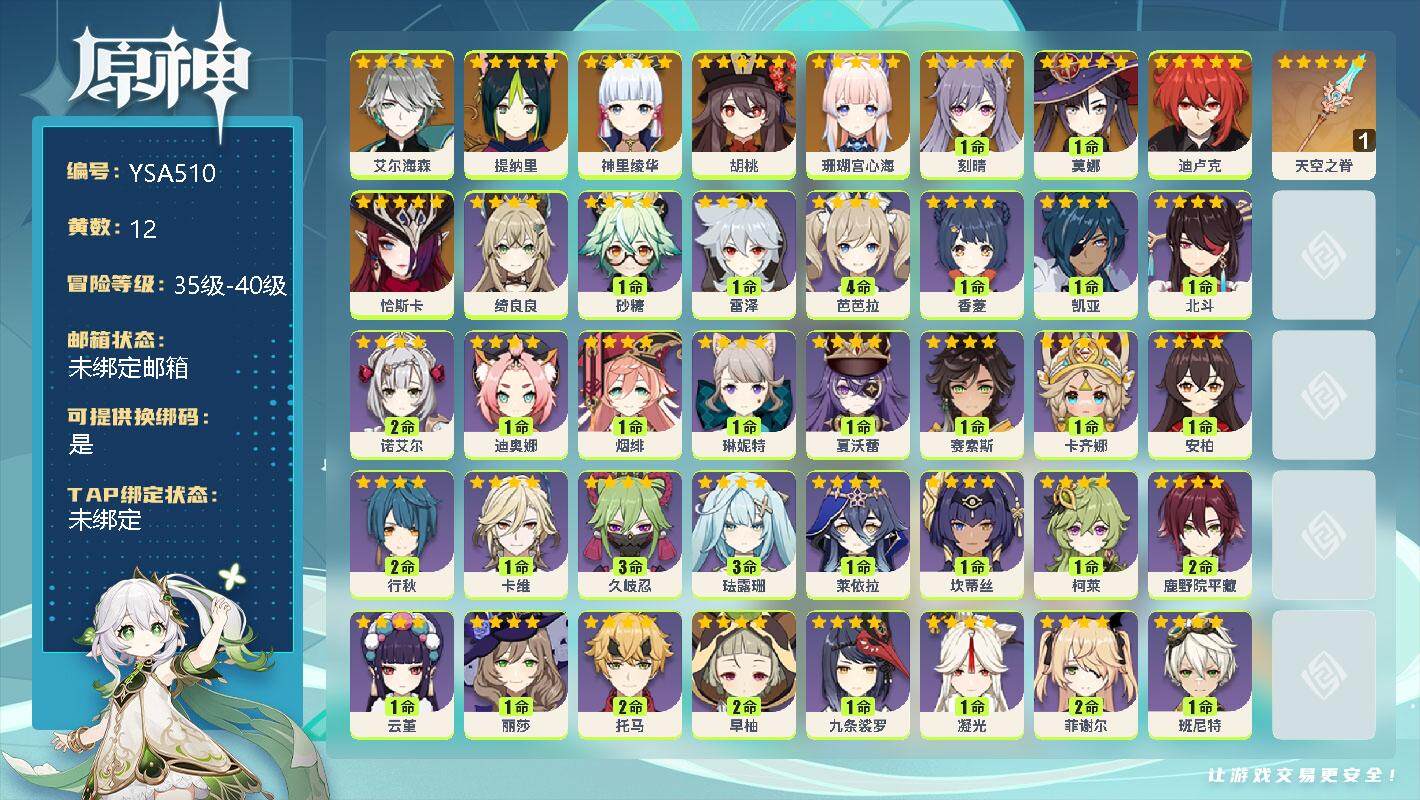 原神账号官服 天空岛【YSA510】39级/12黄/女主/11个五星角色/1个五星武器/0命恰斯卡/0命艾尔海森/0命提纳里/0命珊瑚宫心海/0命神里绫华/0命胡桃/1命刻晴/0命迪卢克/1命莫娜/精1天空之脊/0命欧