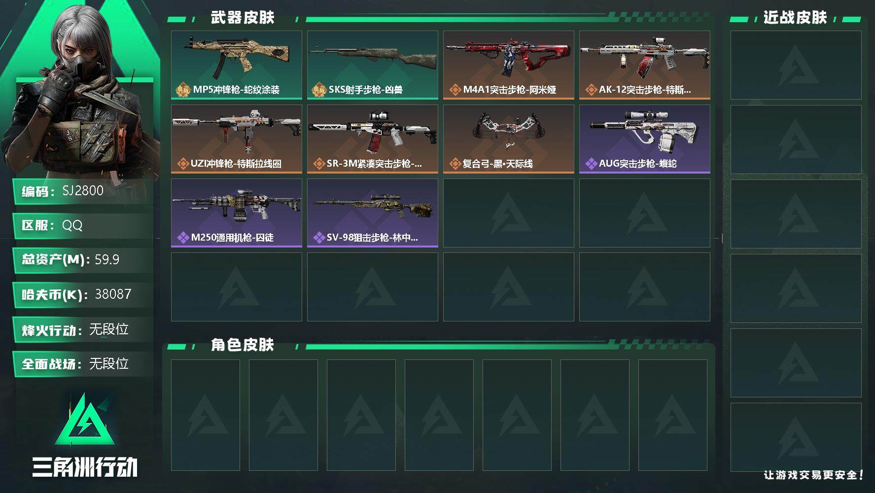三角洲行动账号QQ【SJ2800】总资产(M)：59.9M/哈夫币(K)：38087K/哈夫币(K)：38087K/传说枪皮数：6/全面战场等级：1_段位：无段位/烽火地带等级：36_段位：无段位/近战-黑鹰/MP5