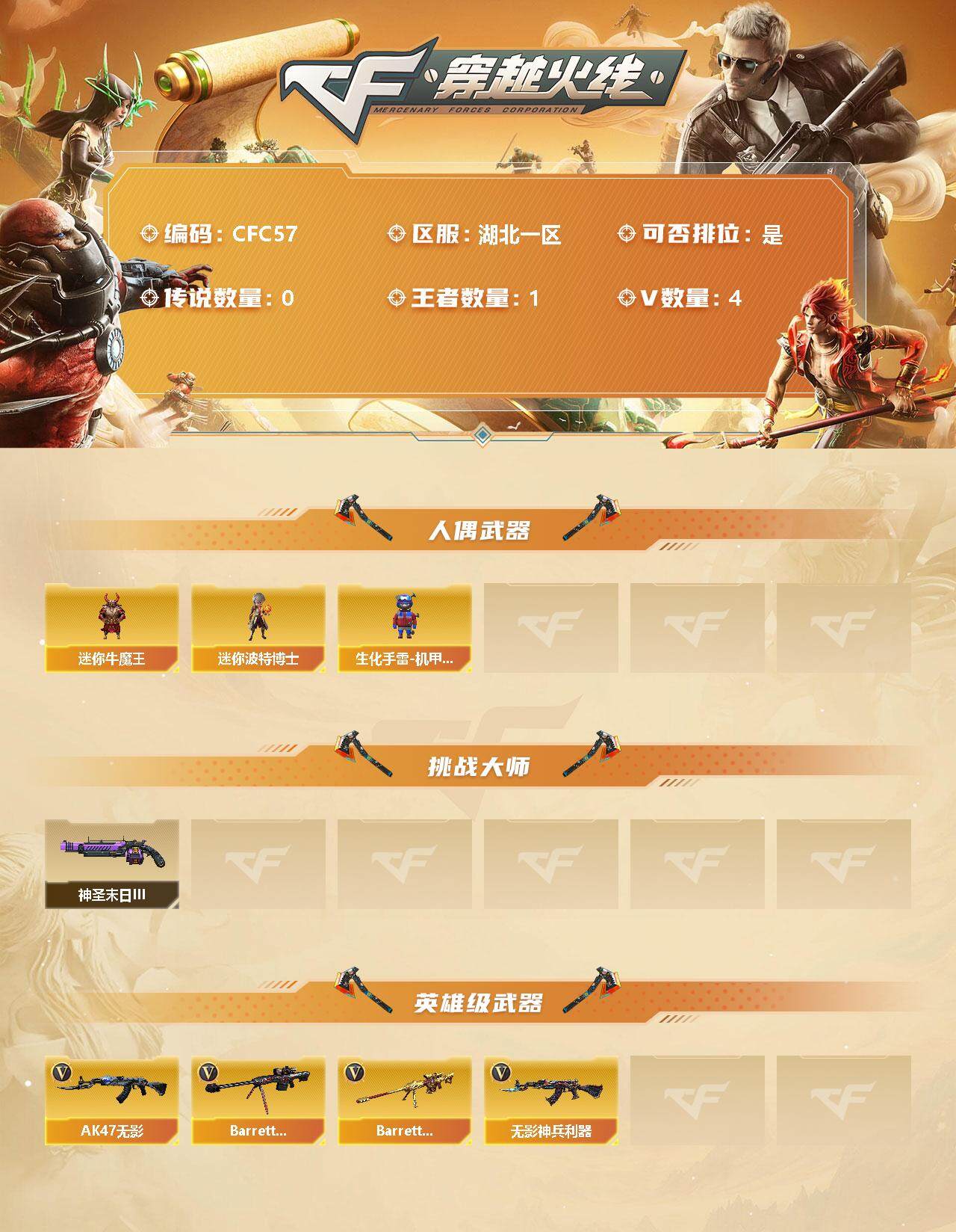 穿越火线账号南部战区湖北一区【CFC57】4V/77级/将帅/1王者/迷你牛魔王/迷你波特博士/生化手雷-机甲核心/神圣爆裂者-末日III/无影-神兵利器/AK47-无影/Barrett-毁灭/Barrett-朱雀
