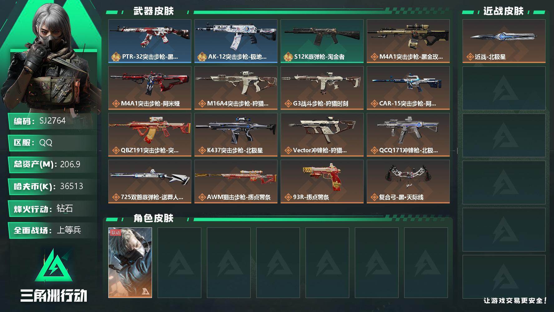 三角洲行动账号QQ【SJ2764】总资产(M)：206.9M/哈夫币(K)：36513K/哈夫币(K)：36513K/传说枪皮数：14/全面战场等级：25_段位：上等兵/烽火地带等级：60_段位：钻石/蜂医-送葬人·