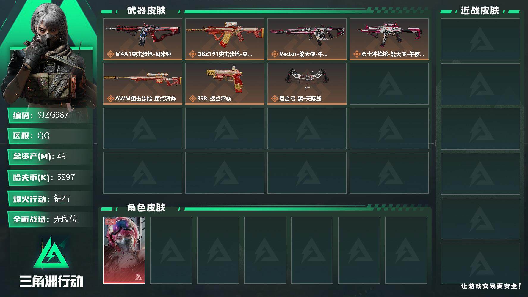三角洲行动账号QQ【SJZG987】总资产(M)：49M/哈夫币(K)：5997K/哈夫币(K)：5997K/全面战场等级：1_段位：无段位/烽火地带等级：39_段位：钻石/蛊-能天使午夜邮差/捞点薯条捆绑包/M4A