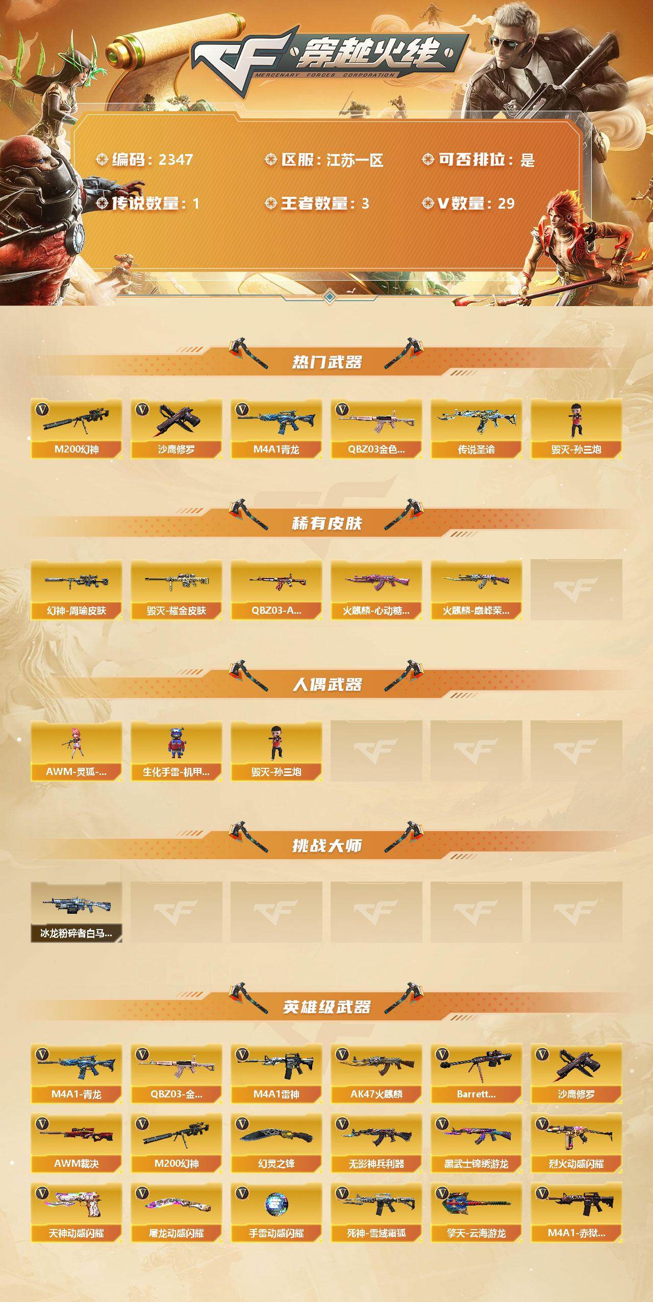 穿越火线账号东部战区江苏一区[11948915]【商品标题】：江苏一区-29V-3王者-0炫金
【传说武器】：传说圣谕
【热门武器】：传说圣谕，QBZ03-金色蔷薇，M4A1-青龙，M200-幻神，毁灭-孙三炮，沙鹰-修罗
【稀