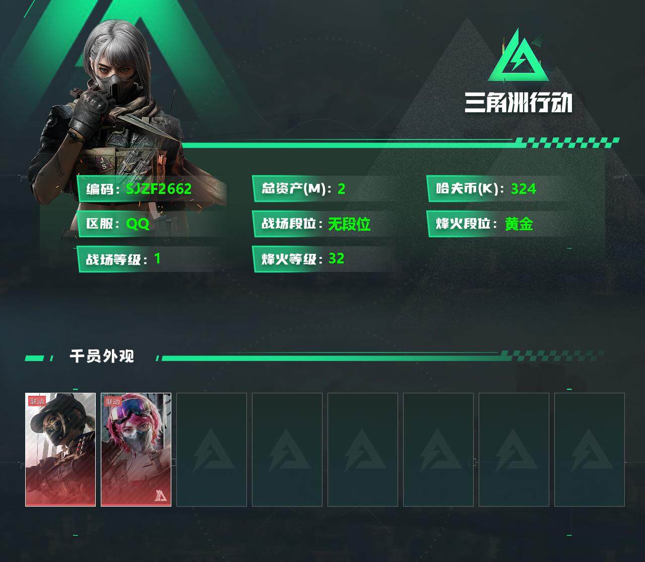 三角洲行动账号QQ【SJZF2662】总资产(M)：2M/哈夫币(K)：324K/哈夫币(K)：324K/全面战场等级：1_段位：无段位/烽火地带等级：32_段位：黄金/露娜-黑·天际线/蛊-能天使午夜邮差