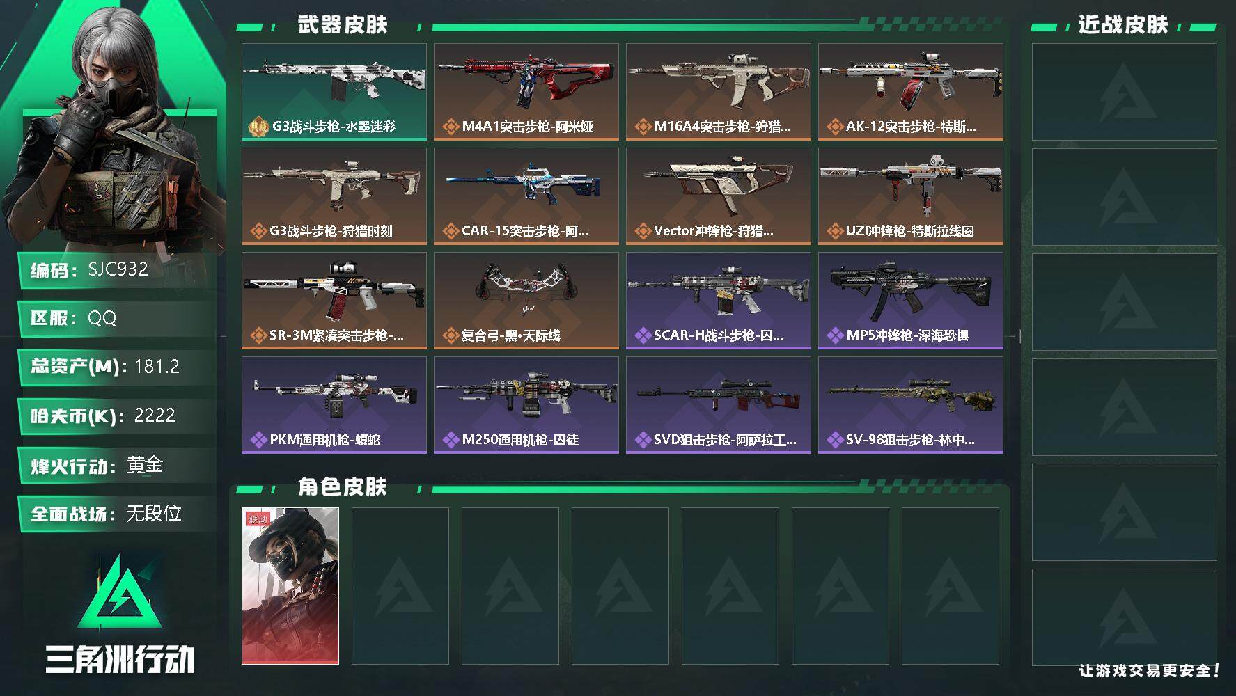 三角洲行动账号QQ【SJC932】总资产(M)：181.2M/哈夫币(K)：2222K/哈夫币(K)：2222K/全面战场等级：9_段位：无段位/烽火地带等级：60_段位：黄金/露娜-黑·天际线/G3战斗步枪-水墨迷