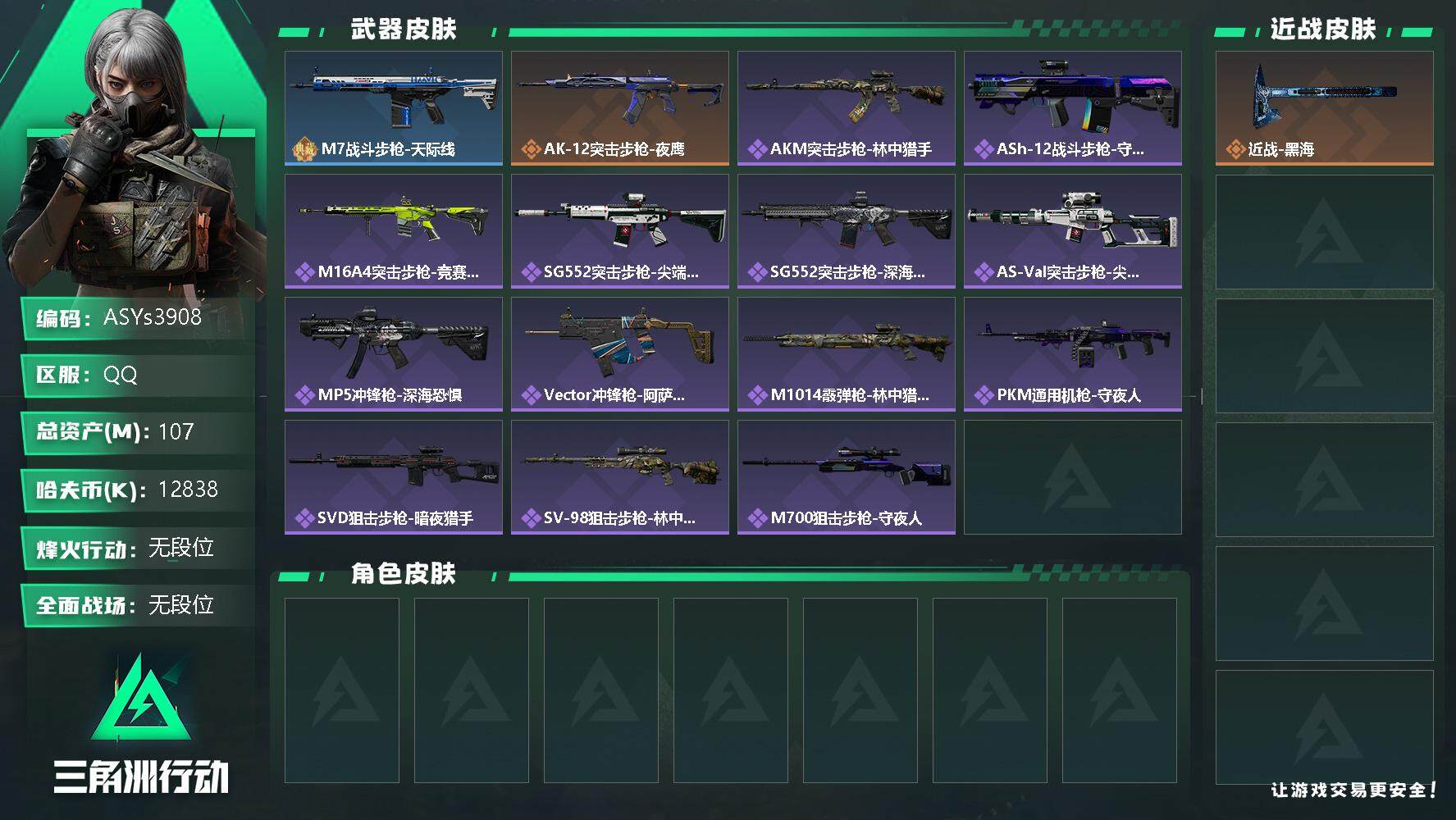 三角洲行动账号QQ【Q区三端互通】【无二次】ASYs3908-特勤处：仓库8级/训练中心4级/靶场4级-总资产107M-哈夫币1283W-烽火等级：40级【勾选了部分账号，详细看图，平台认证商家店铺，保证金商家，安全