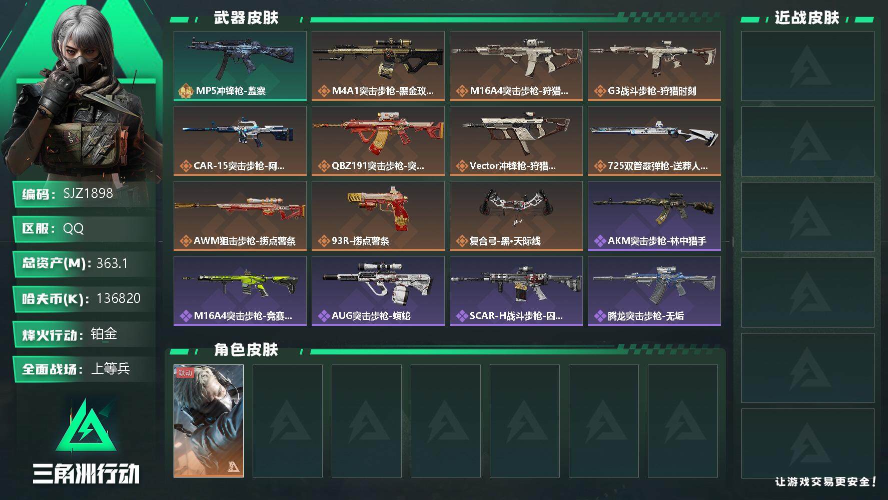 三角洲行动账号QQ【SJZ1898】总资产(M)：363.1M/哈夫币(K)：136820K/哈夫币(K)：136820K/传说枪皮数：9/全面战场等级：18_段位：上等兵/烽火地带等级：60_段位：铂金/蜂医-送葬