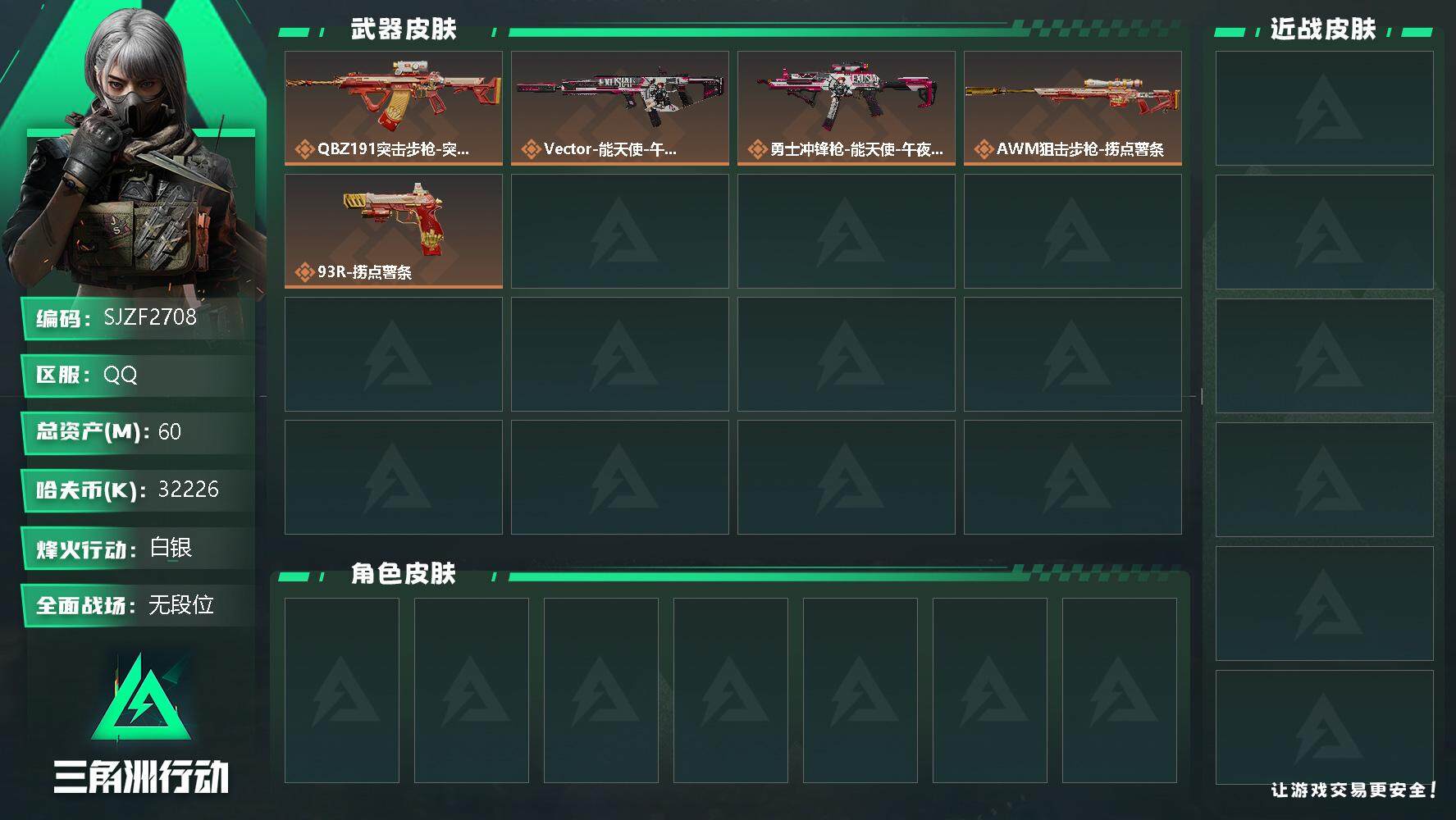 三角洲行动账号QQ【SJZF2708】总资产(M)：60M/哈夫币(K)：32226K/哈夫币(K)：32226K/传说枪皮数：5/全面战场等级：1_段位：无段位/烽火地带等级：46_段位：白银/Vector冲锋枪-