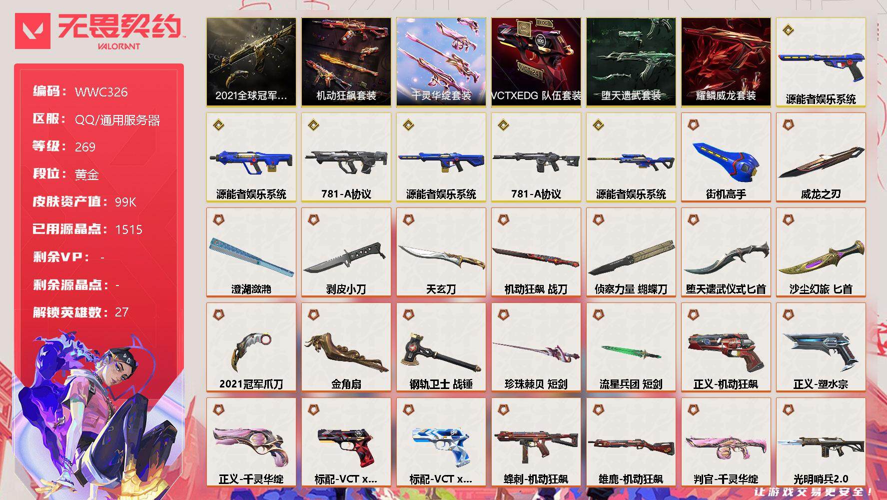 无畏契约账号QQ【WWC326】终极*34/传奇*6/卓越*19/皮肤*116/等级*269/段位:黄金/2021全球冠军赛套装/源能者娱乐系统套装/千灵华绽套装/机动狂飙套装/VCTxEDG 队伍套装/耀鳞威龙套
