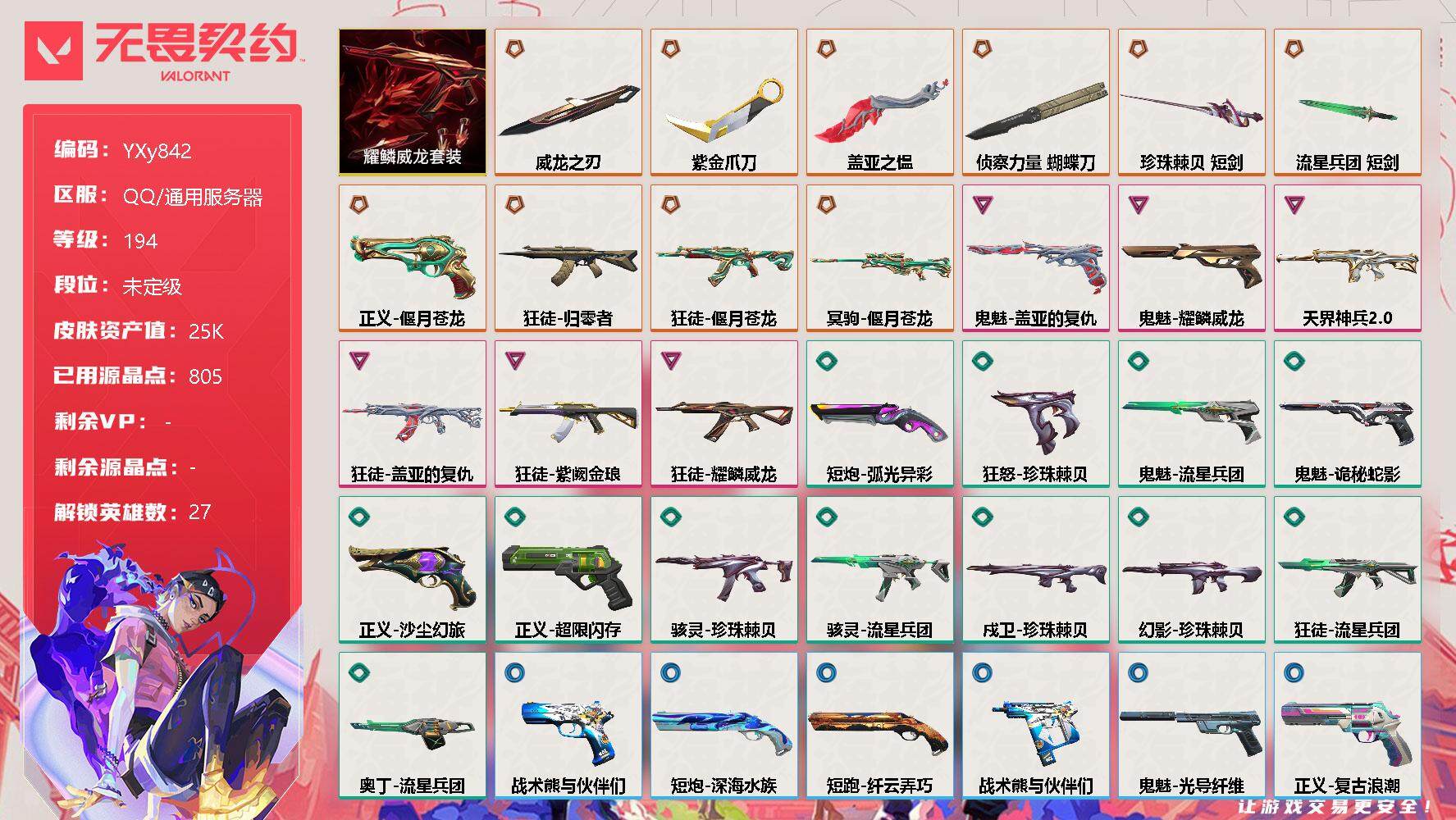 无畏契约账号QQ2W5资产【龙年套4刀6狂徒，天界幻影苍龙大狙】-刀皮【威龙之刃.紫金爪刀.侦查蝴蝶刀.盖亚双手斧】狂徒【归零.苍龙.盖亚.紫金.威龙】-YXy842
【套装】：耀鳞威龙套装
【英雄】：幻棱，炼狱，