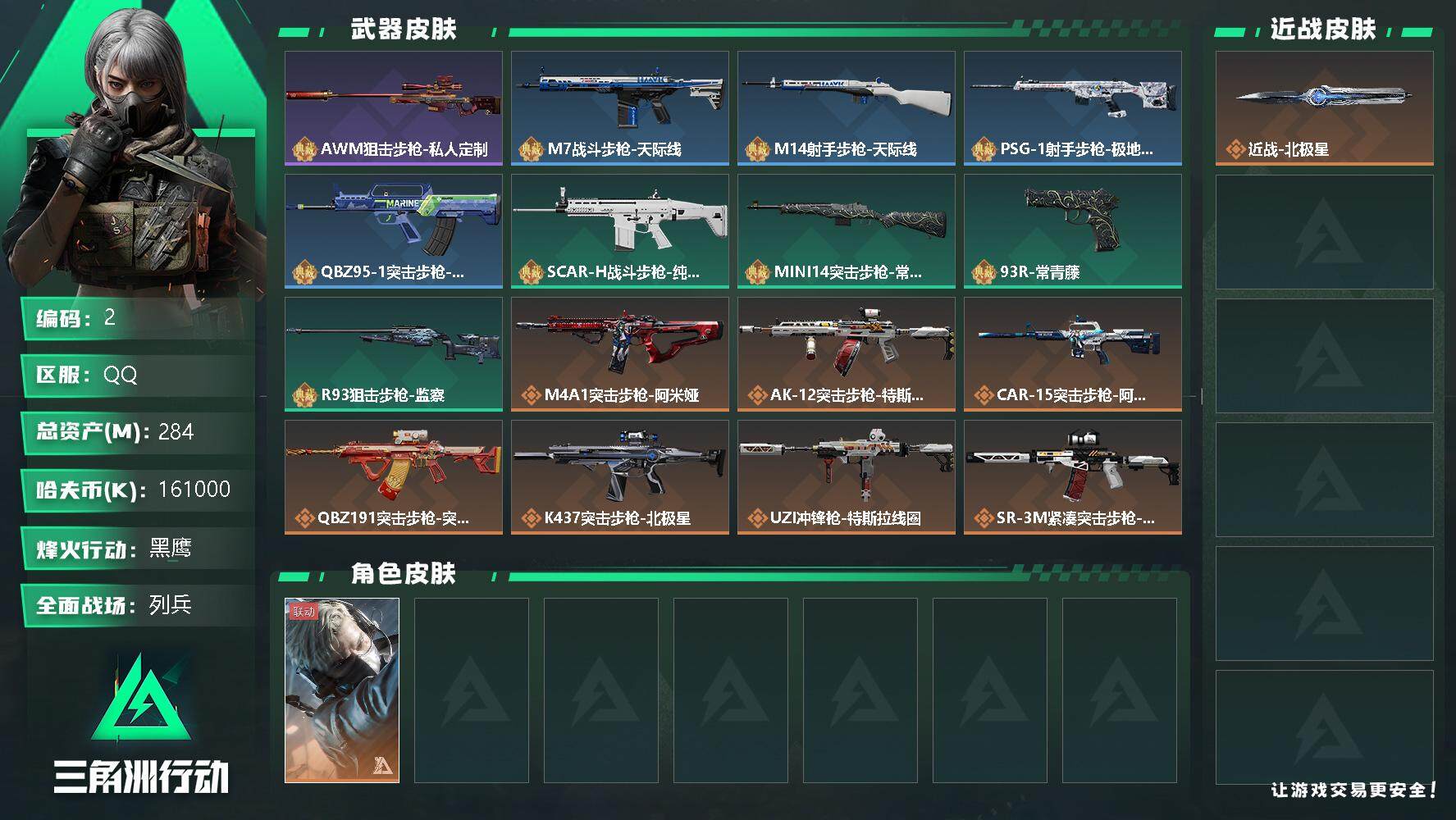 三角洲行动账号QQ【2】总资产(M)：284M/哈夫币(K)：161000K/哈夫币(K)：161000K/传说枪皮数：12/全面战场等级：17_段位：列兵/烽火地带等级：60_段位：黑鹰/蜂医-送葬人·无题密令/近