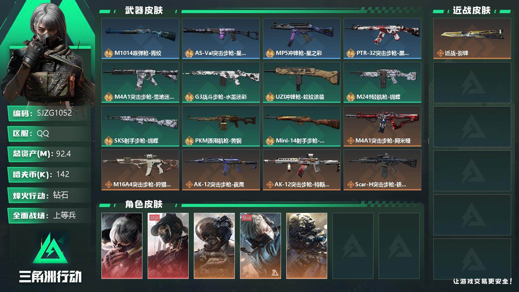 三角洲行动账号QQ【SJZG1052】总资产(M)：92.4M/哈夫币(K)：142K/哈夫币(K)：142K/传说枪皮数：18/全面战场等级：50_段位：上等兵/烽火地带等级：60_段位：钻石/骇爪-水墨云图/露娜