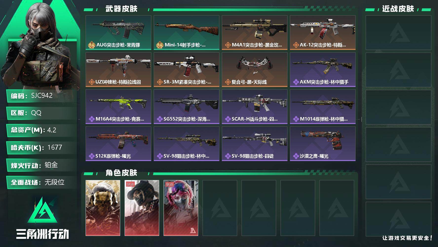 三角洲行动账号QQ【SJC942】总资产(M)：4.2M/哈夫币(K)：1677K/哈夫币(K)：1677K/全面战场等级：8_段位：无段位/烽火地带等级：60_段位：铂金/红狼-蚀金玫瑰/露娜-黑·天际线/蛊-能天